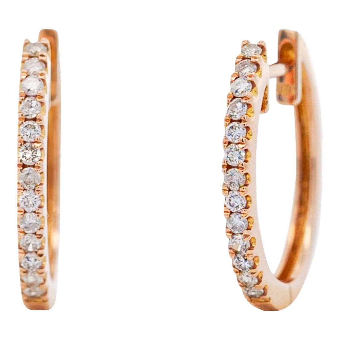 18k Rose Gold 1/3 Carat Huggie Hoop Earrings Latch Backs - 2 Pieces: Rose Gold hoop earrings with vibrant natural diamonds mounted in a pave set 18k rose gold latch back closure. The closure was engineered to clip on with maximum strength and durability. Set with eye