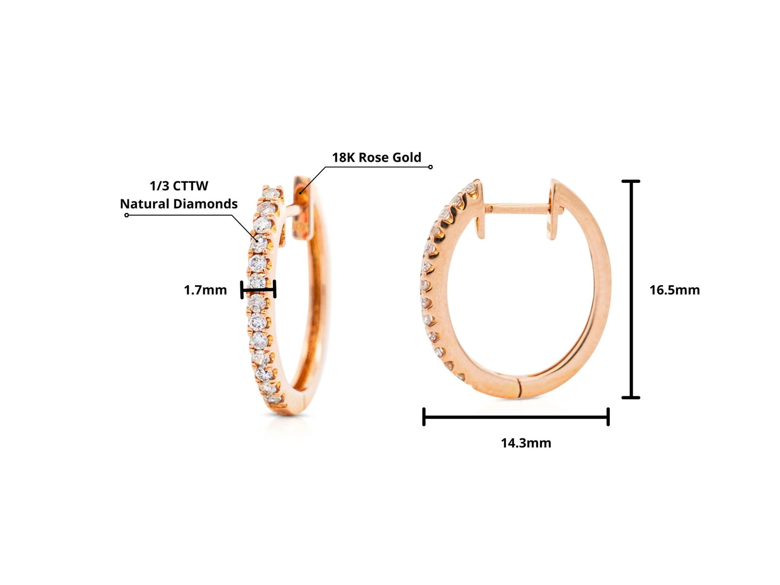18k Rose Gold 1/3 Carat Huggie Hoop Earrings Latch Backs - 2 Pieces - 4