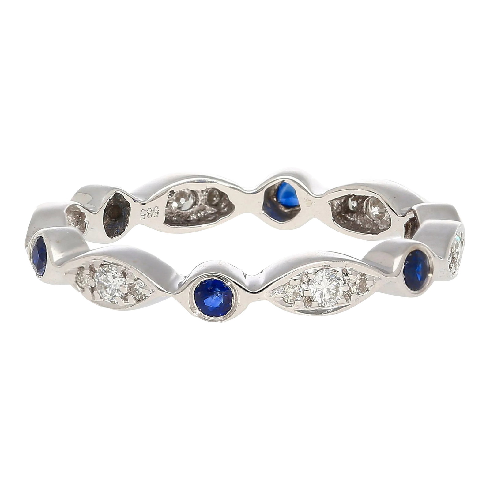 14k White Gold Bezel Blue Sapphire & Diamond Stack 3mm Band Ring Size 7.5: Details: Item Type: Ring Metal: 14K white gold Size: 7 (adjustable) Weight: 1.98 grams Width: 3mm Elevation: 2.3mm Stone Details: Stone: Sapphire and Diamond Carat: 0.30 CTW Natural Sapphire, 0.20