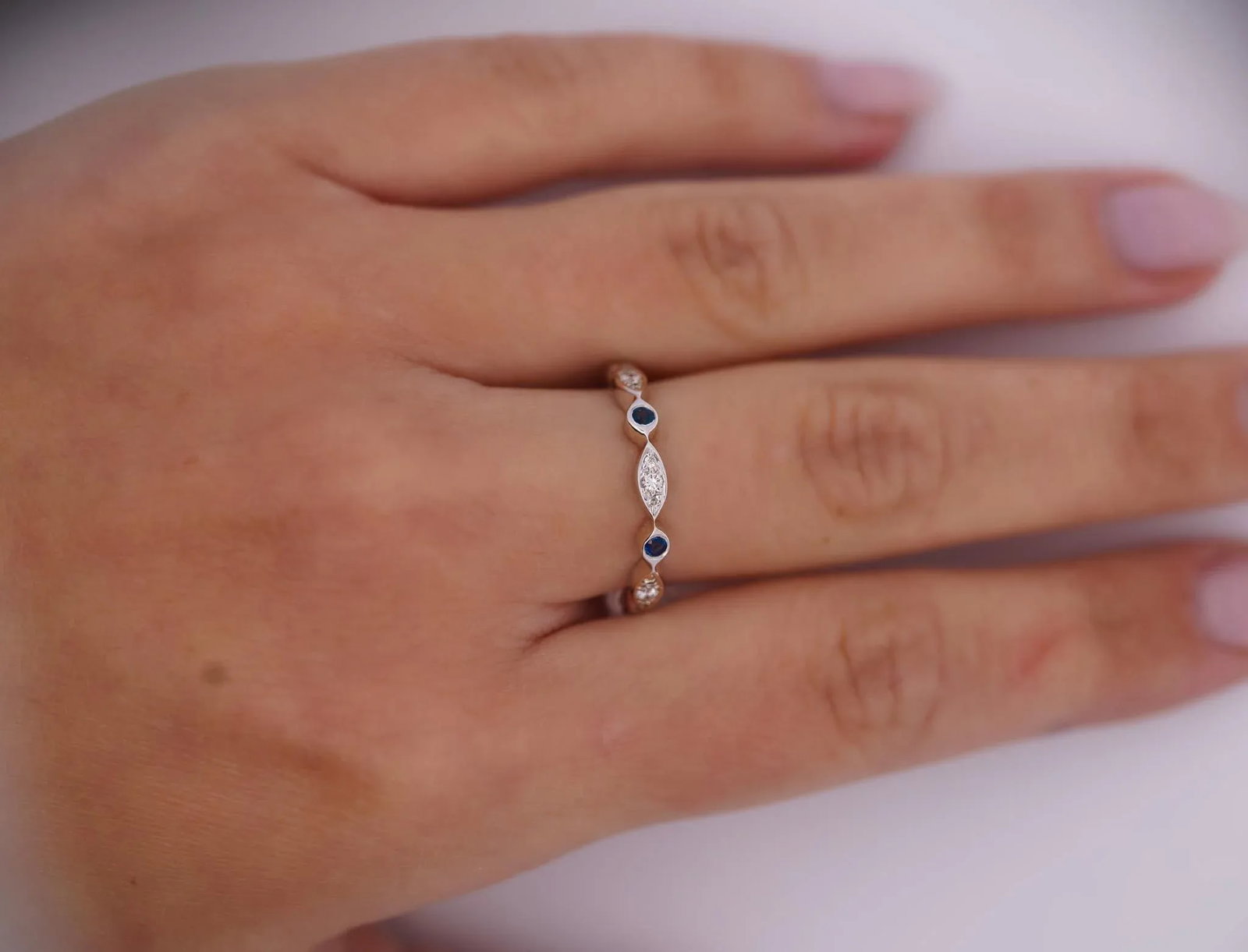 14k White Gold Bezel Blue Sapphire & Diamond Stack 3mm Band Ring Size 7.5 - 2