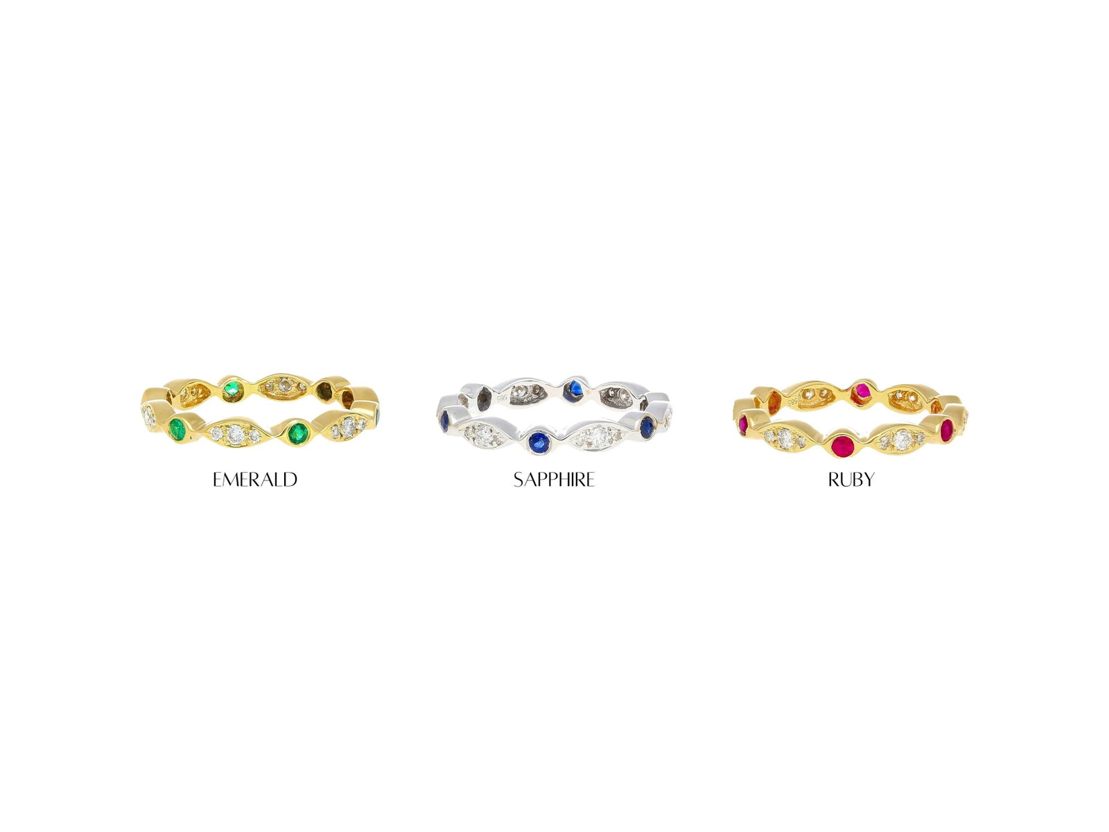 14k White Gold Bezel Blue Sapphire & Diamond Stack 3mm Band Ring Size 7.5 - 7