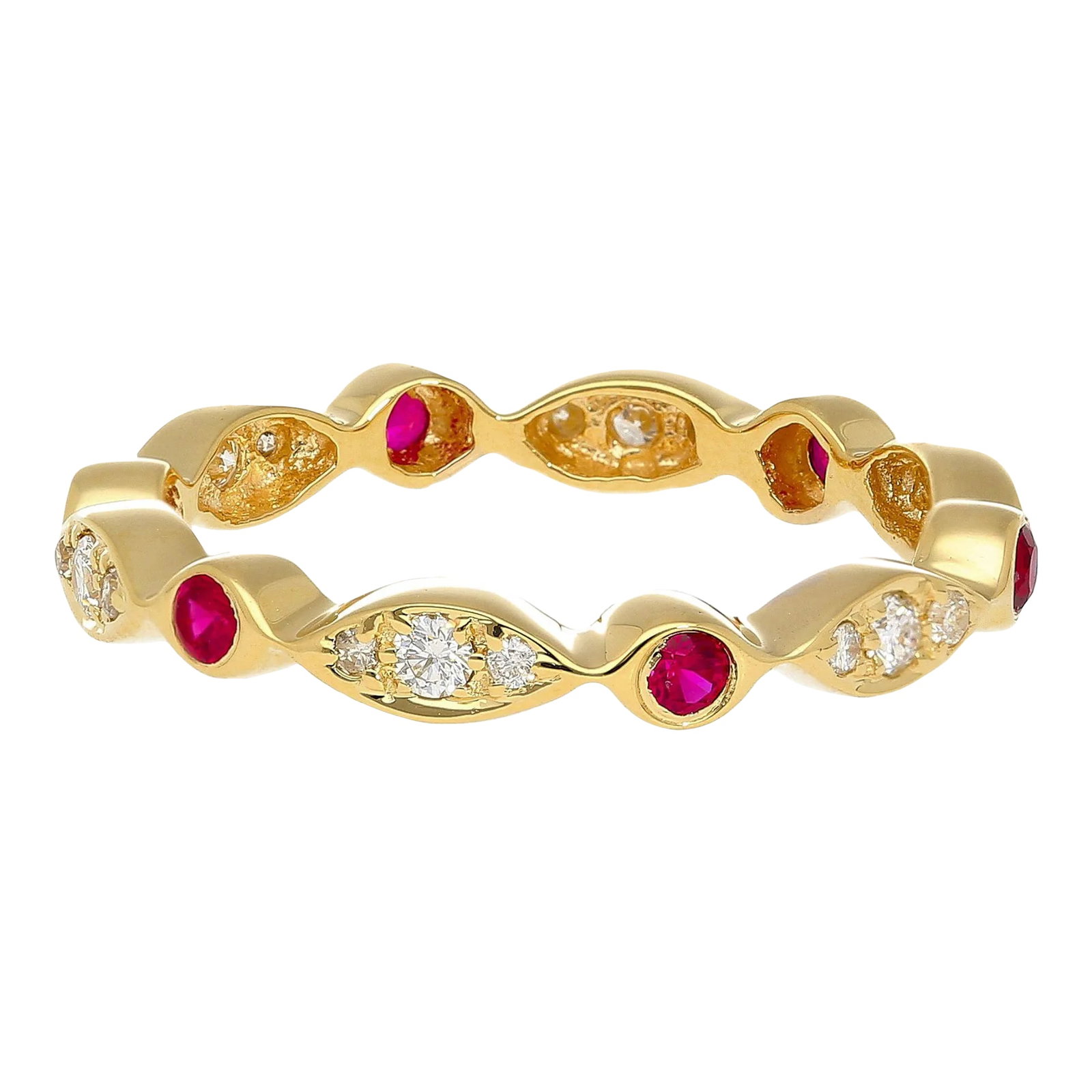 14k Gold Ruby and Diamond Bezel Stack Band 3mm Wavy Ring Size 7: Details: Item Type: Band Ring Metal: 14K Yellow Gold Size: 7 (adjustable) Weight: 1.98 grams Width: 3mm Elevation: 2.3mm Stone Details: Stone: Ruby and Diamond Carat: 0.22 CTW Lab grown Diamonds,