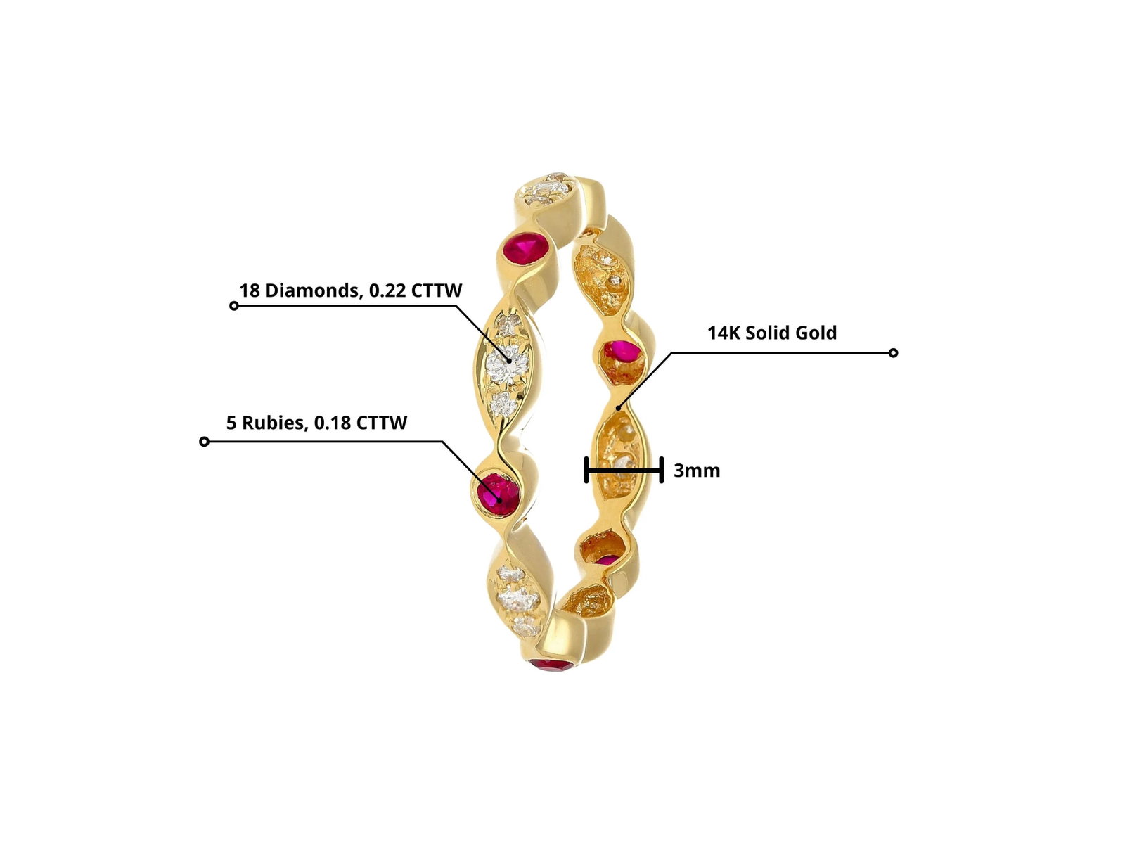 14k Gold Ruby and Diamond Bezel Stack Band 3mm Wavy Ring Size 7 - 3