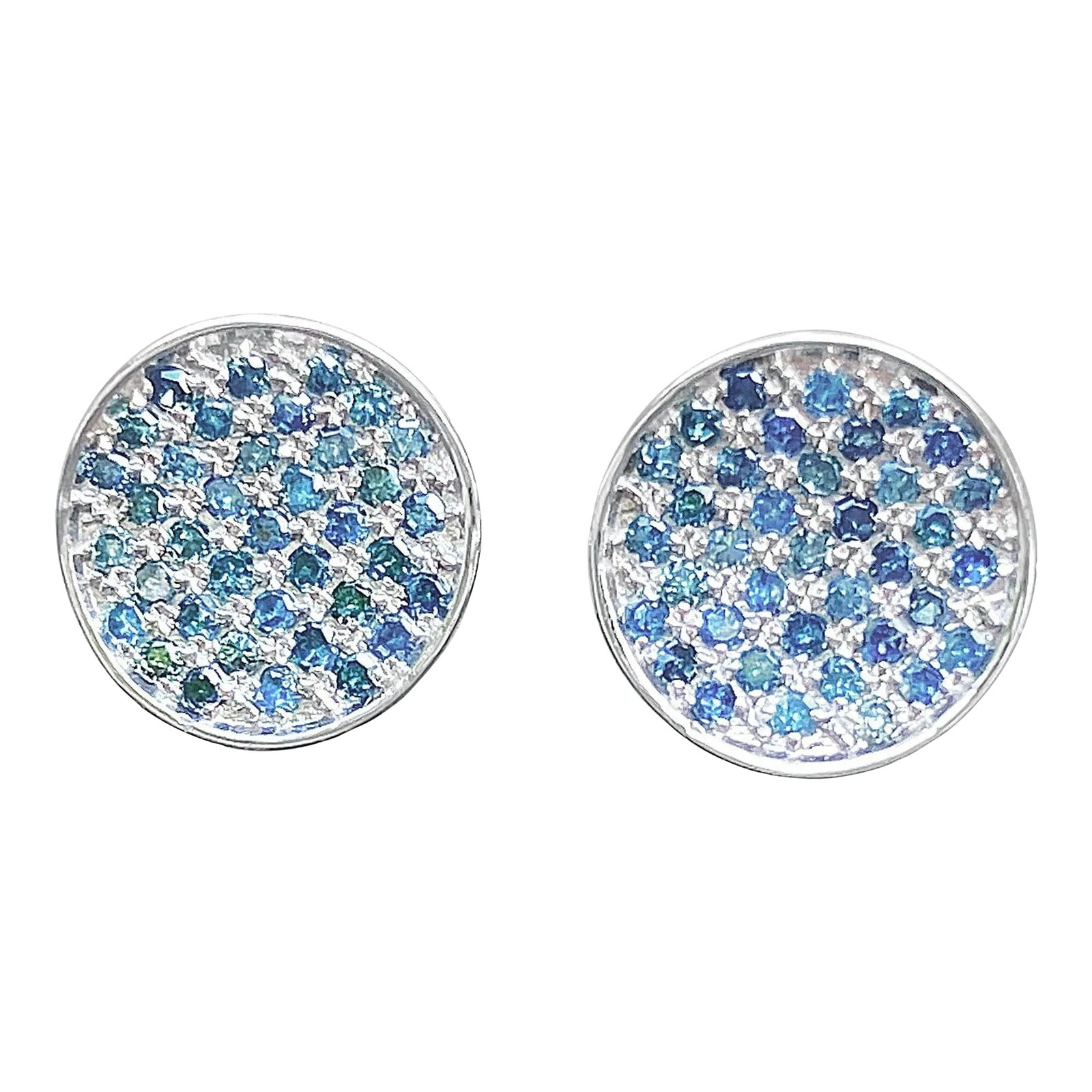 Natural Blue Diamond Circle Stud Earrings - 2 Pieces: Simple and elegant natural blue diamond stud earrings set in 18k white gold. Earrings set high quality diamonds, round brilliant cut for optimal sparkle and shine. Double rhodium plated for long