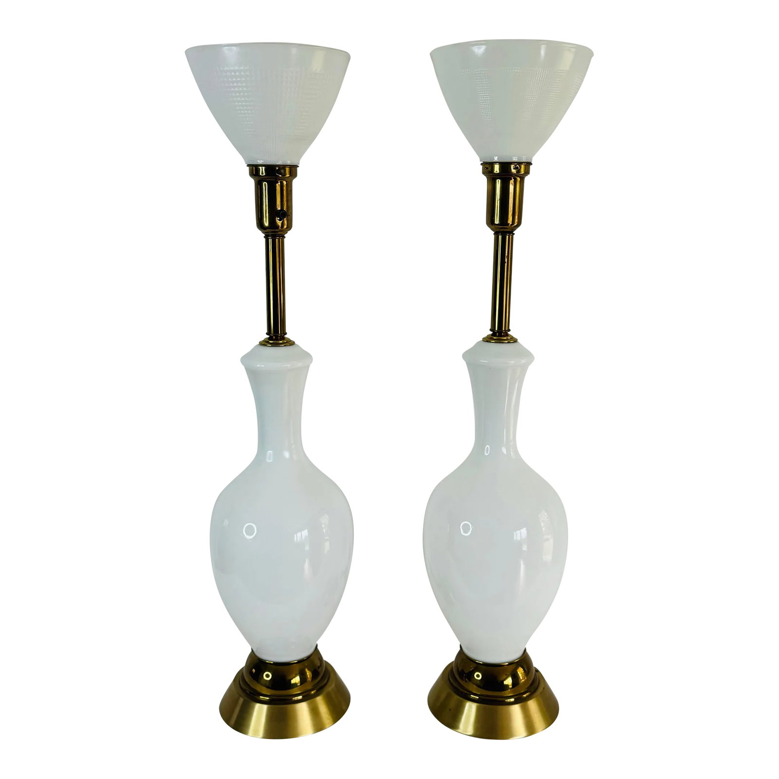 Vintage 1950s Tall White Glass Table Lamps, a Pair: Vintage 1950s Tall White Glass Table Lamps, a Pair. The monumental size of these lamps combined with the gold metal accents make a statement in any room. Wired for the US and in working condition. Bot