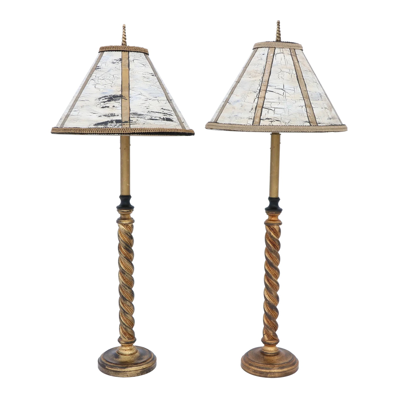 Giltwood Barley Twist Candlestick Buffet Lamps by John-Richard - a Pair: With their faux birchbark shades and twisted brass finials, the finishes & details these candlestick lamps offer are giving maximalist vibes. Condition: Alterations: Original Condition Unaltered Imper