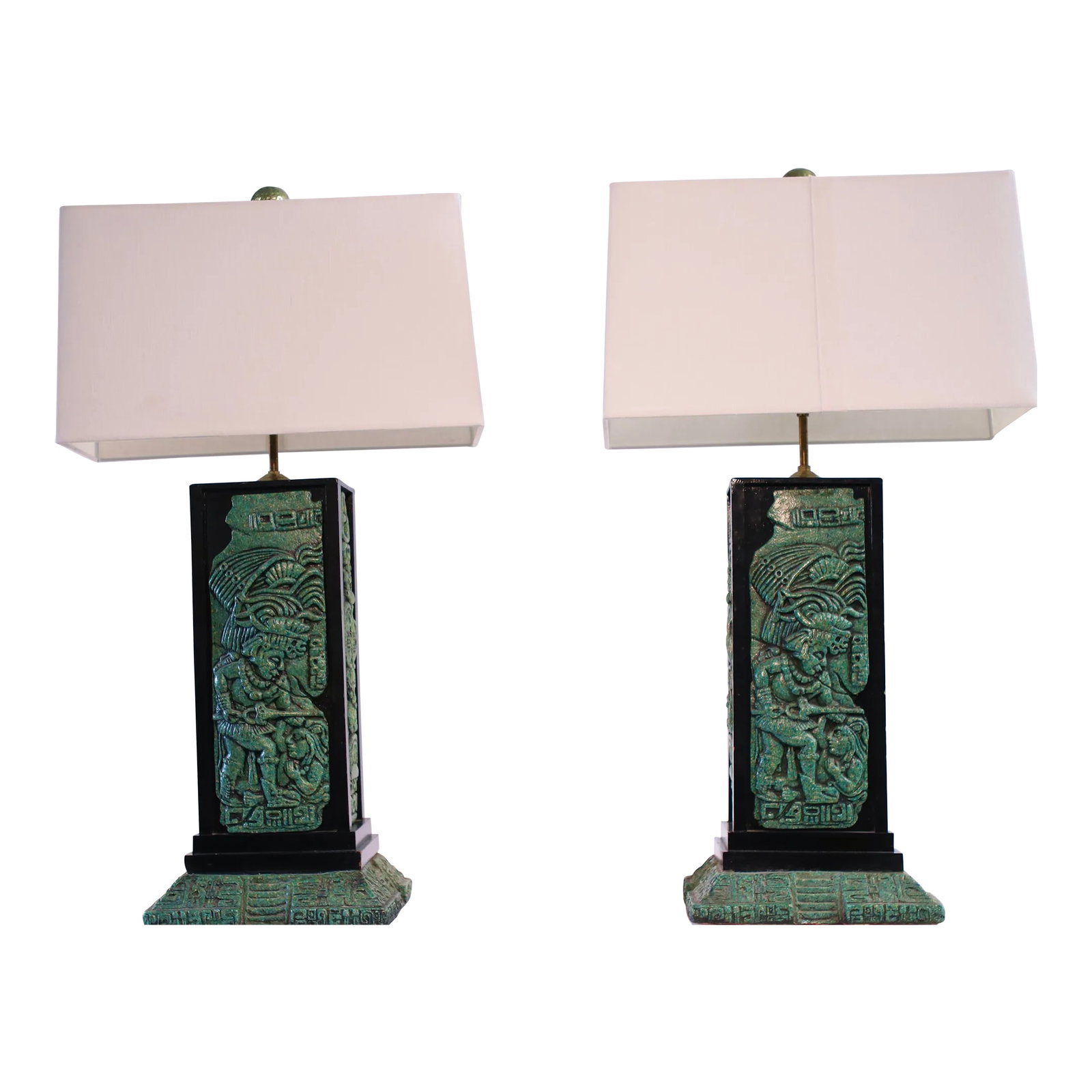 Vintage Original Zarebski Mid-Century Aztec Mayan Malachite Lamps, Mexico - a Pair: 1960s era Mexican table lamp with a Mayan motif featuring a stepped up base. The lamp is made of mahogany wood and features Zarebski's patented malachite stone resin mix. Zarebski Industries was based
