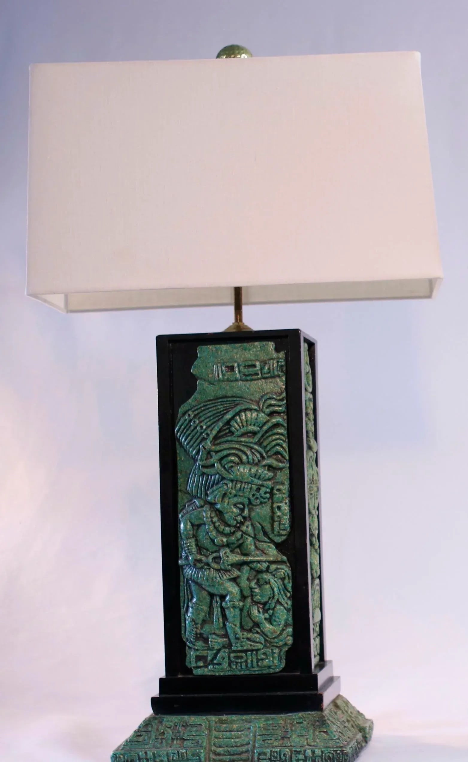 Vintage Original Zarebski Mid-Century Aztec Mayan Malachite Lamps, Mexico - a Pair - 2