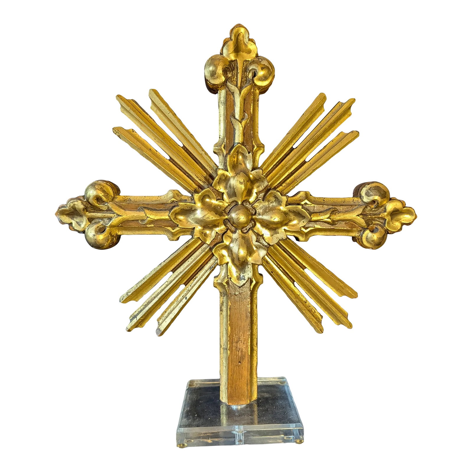 Mid 19th Century Giltwood Cross on Acrylic Base: Mid-19th-century giltwood cross in walnut. Recently mounted on acrylic base, included in measurements. Condition: Alterations: Original Design Modified Imperfections: Some Imperfections Condition Note