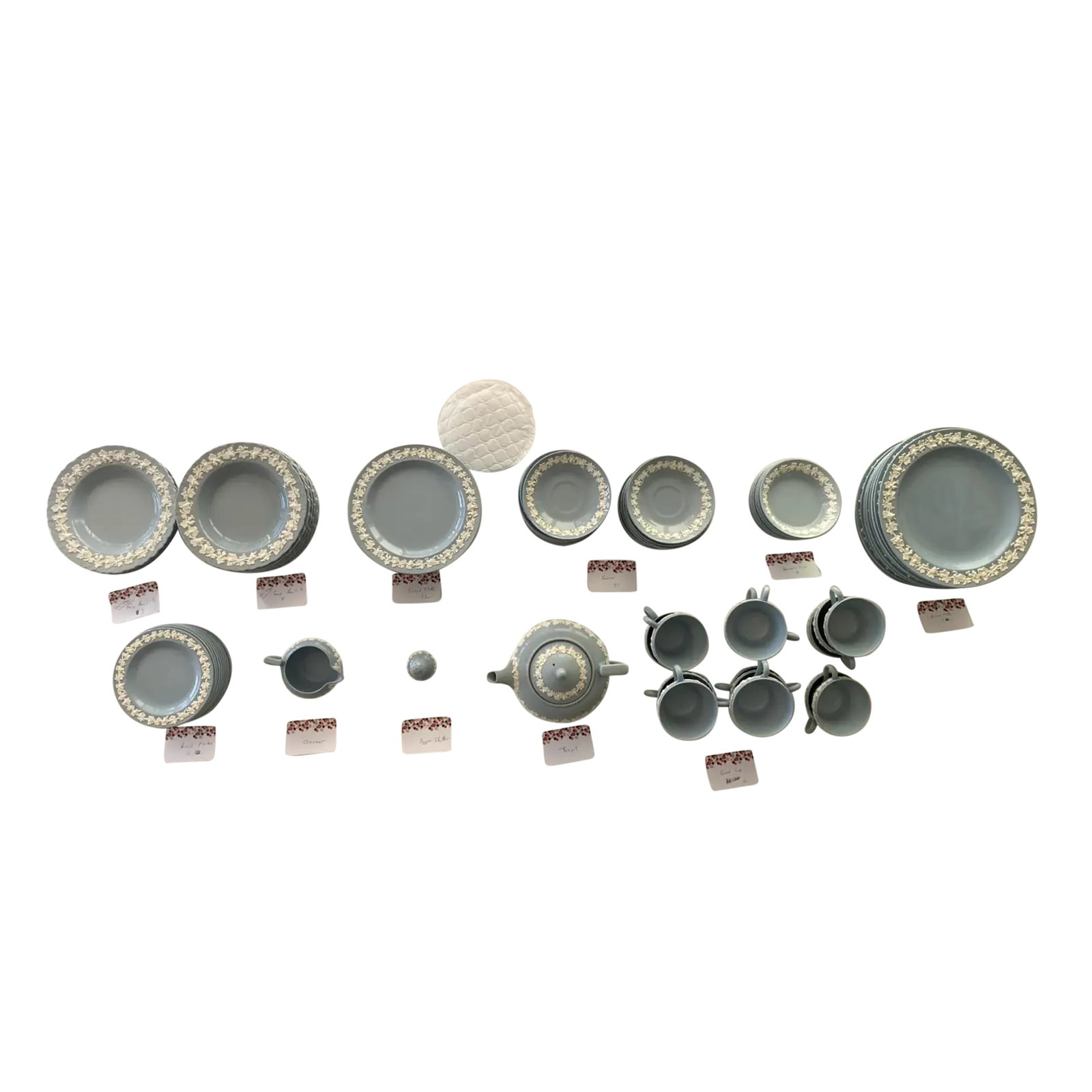 1950s Wedgwood Queensware Dinnerware Set- 96 Pieces: Wedgwood Queens Ware England-Embossed Cream on Blue-Smooth Cream color on lavender. No Chips! 16 footed teacups 11 salad plates 11 bread plates 11 soup plates (3 slightly larger) - scalloped edges as 