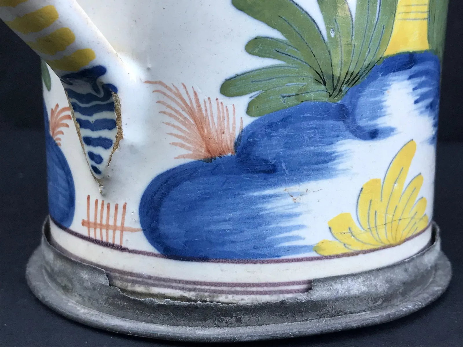 18th Century German Faience Polychrome Pewter-Mounted Tankard in Columnar Form - 10