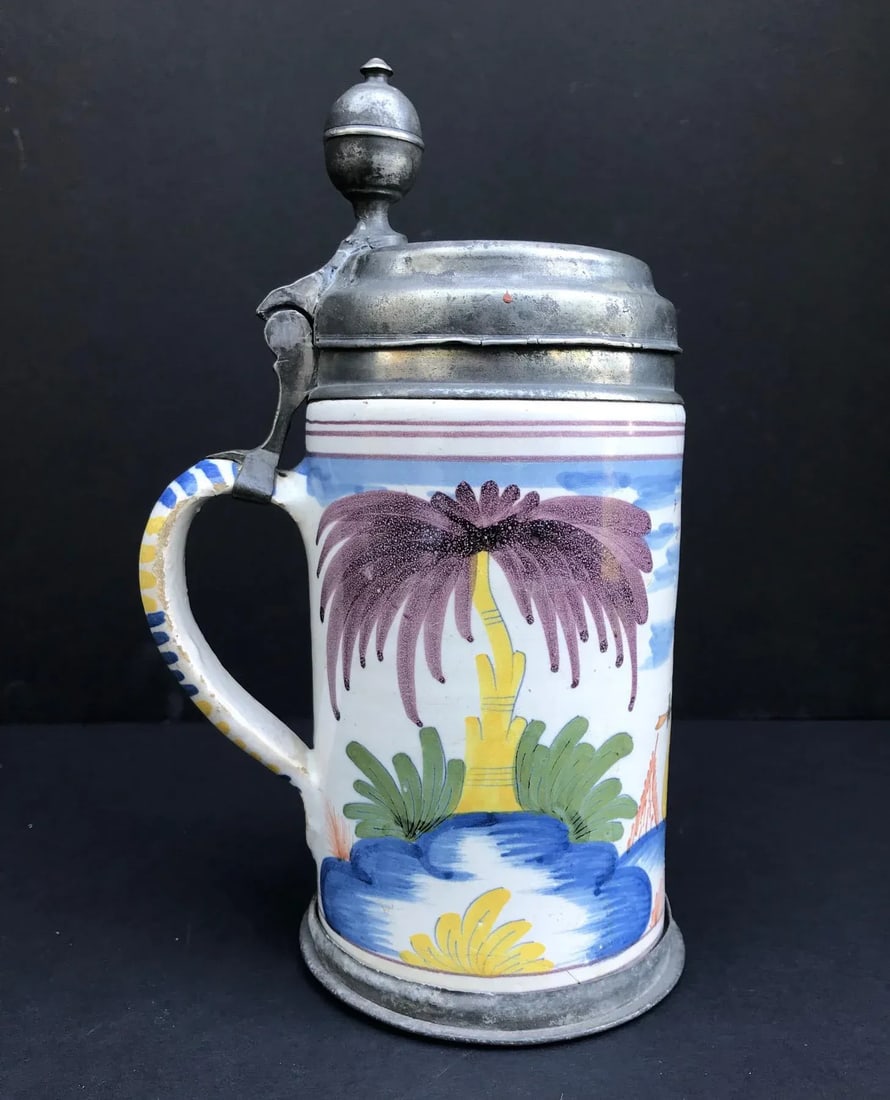18th Century German Faience Polychrome Pewter-Mounted Tankard in Columnar Form - 11