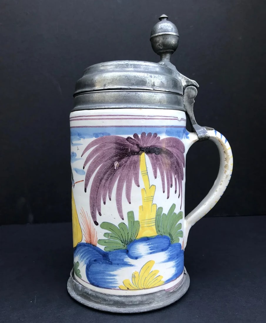 18th Century German Faience Polychrome Pewter-Mounted Tankard in Columnar Form - 2