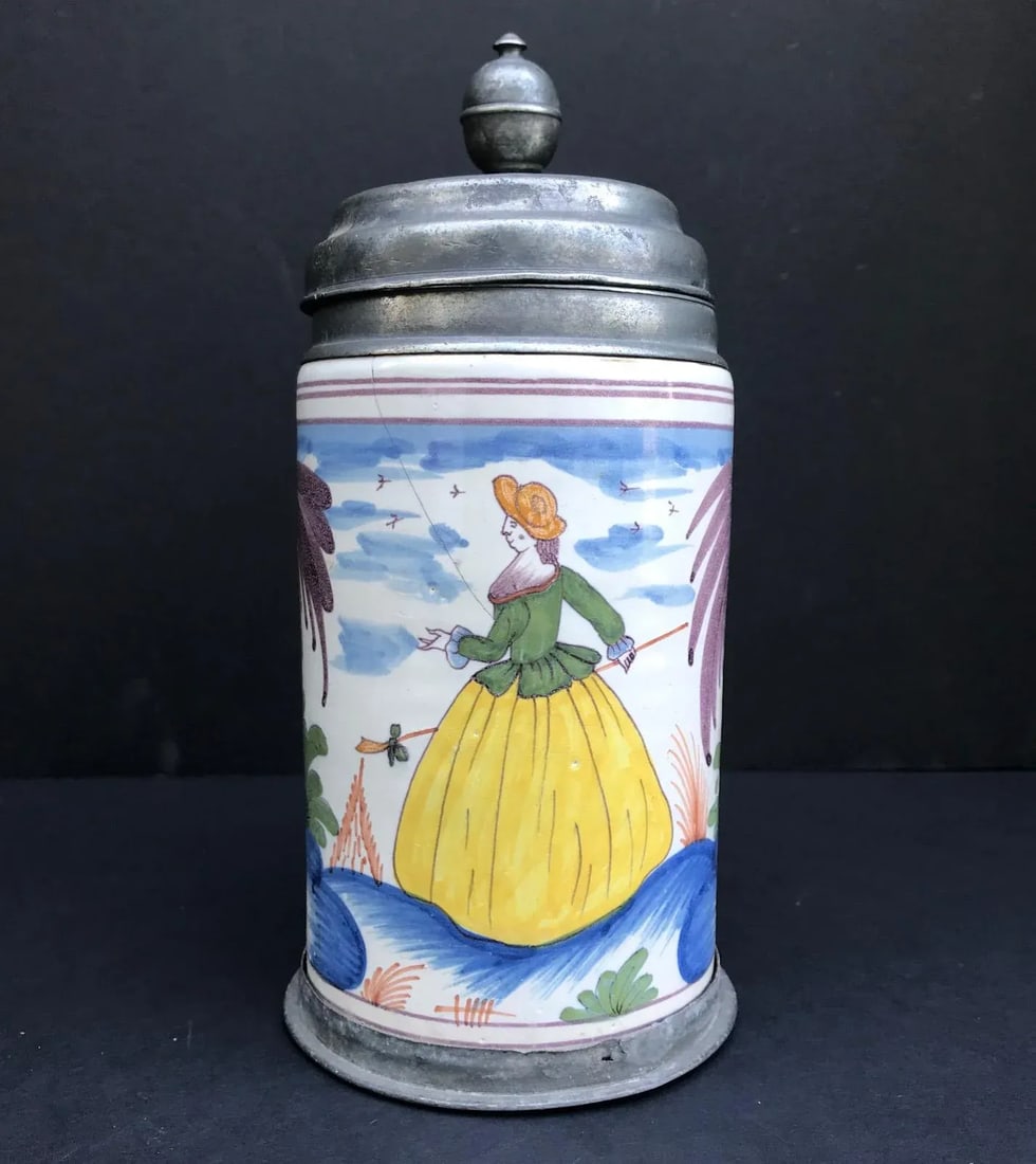 18th Century German Faience Polychrome Pewter-Mounted Tankard in Columnar Form - 3