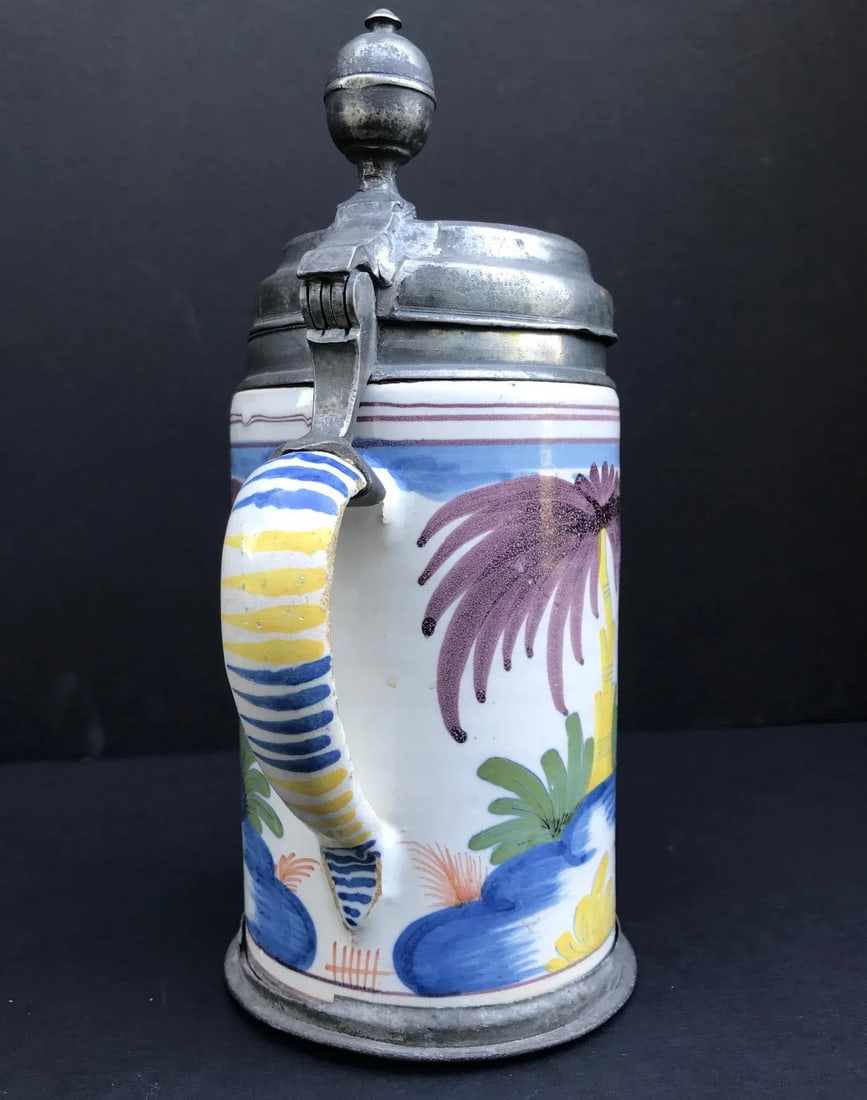 18th Century German Faience Polychrome Pewter-Mounted Tankard in Columnar Form - 4