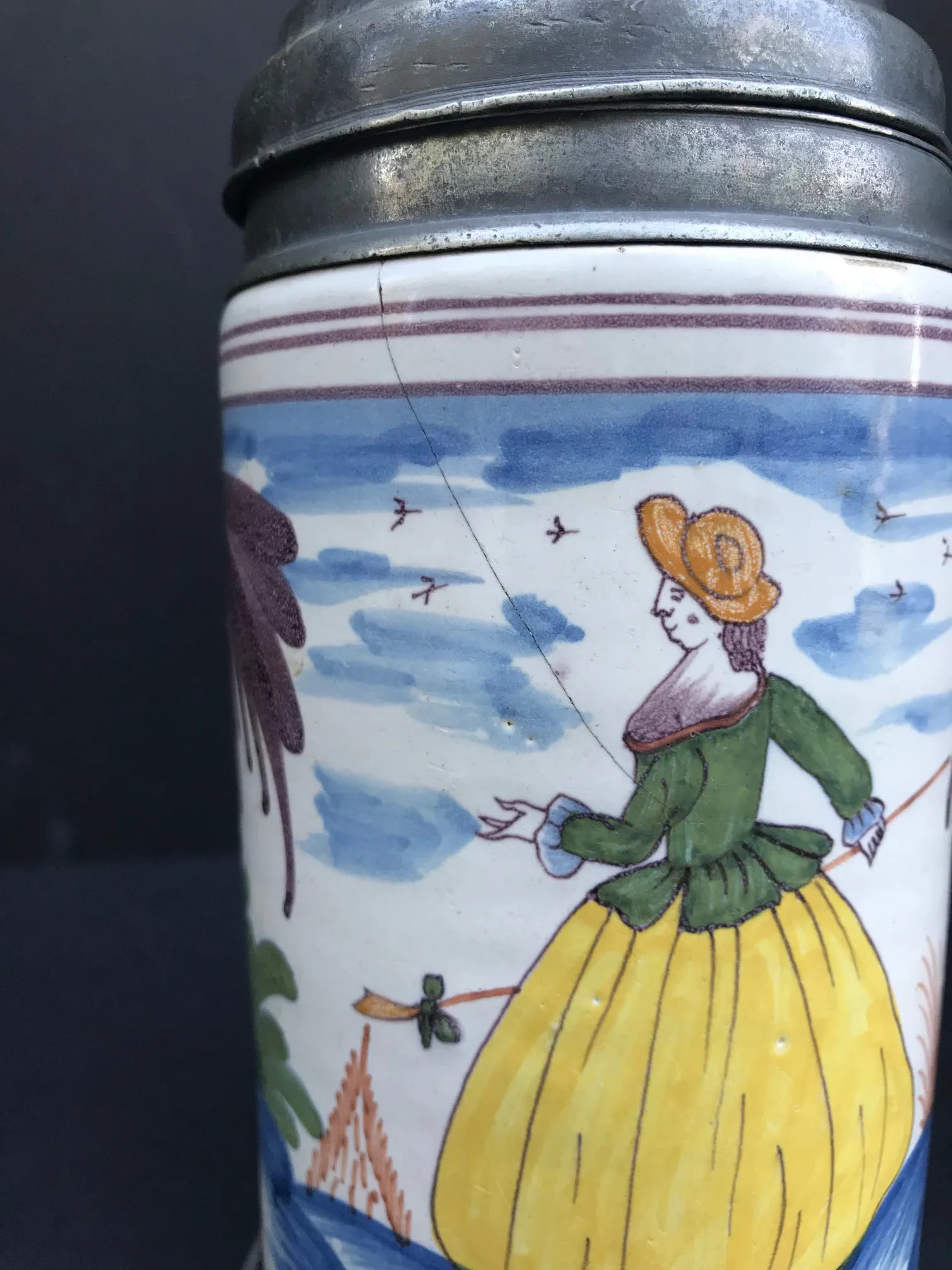 18th Century German Faience Polychrome Pewter-Mounted Tankard in Columnar Form - 8