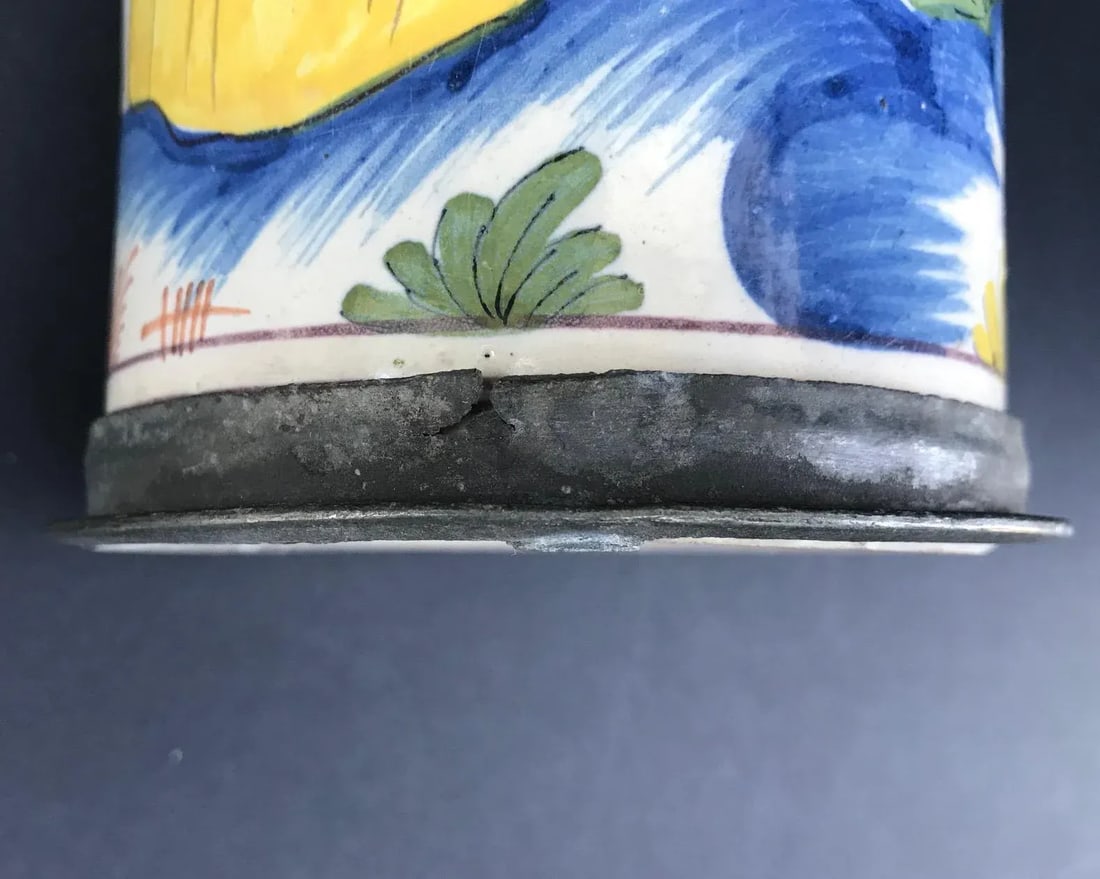 18th Century German Faience Polychrome Pewter-Mounted Tankard in Columnar Form - 9