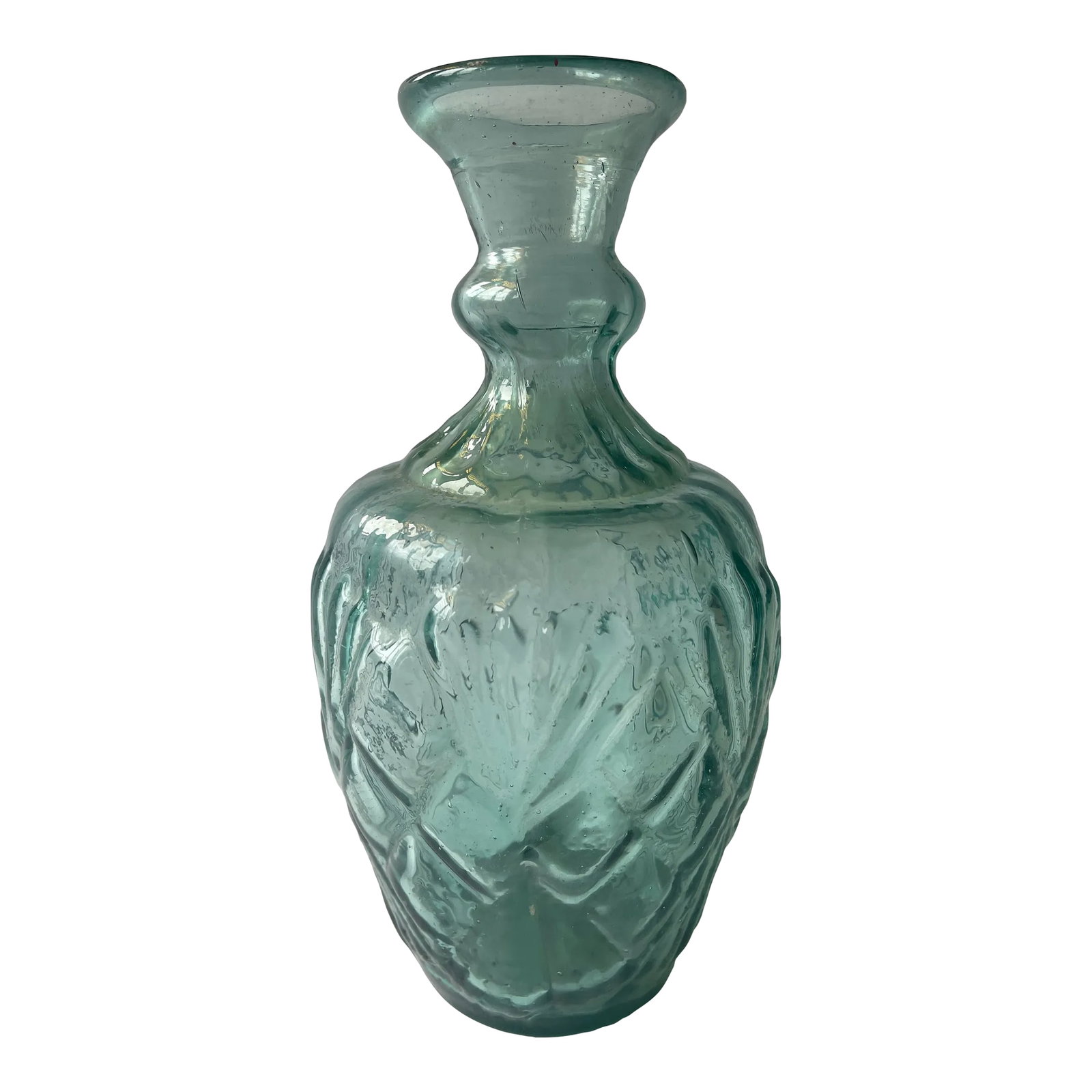 Antique Mexican Aquamarine Glass Water Bottle Vase: Antique Mexican aquamarine molded glass vase with textured Moorish design. Beautiful dreamy color that has a lightness of being. Condition: Alterations: Original Condition Unaltered Imperfections:
