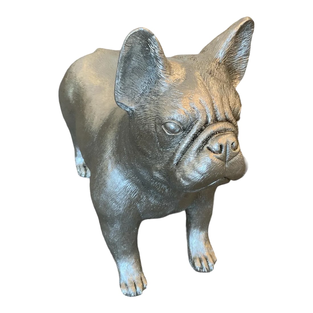 Phillips House Silver French Bulldog Statue: Add a touch of whimsy and modern charm to your decor with this eye-catching large metallic silver French bulldog. Crafted from durable resin with a glossy metallic finish, this piece brings a