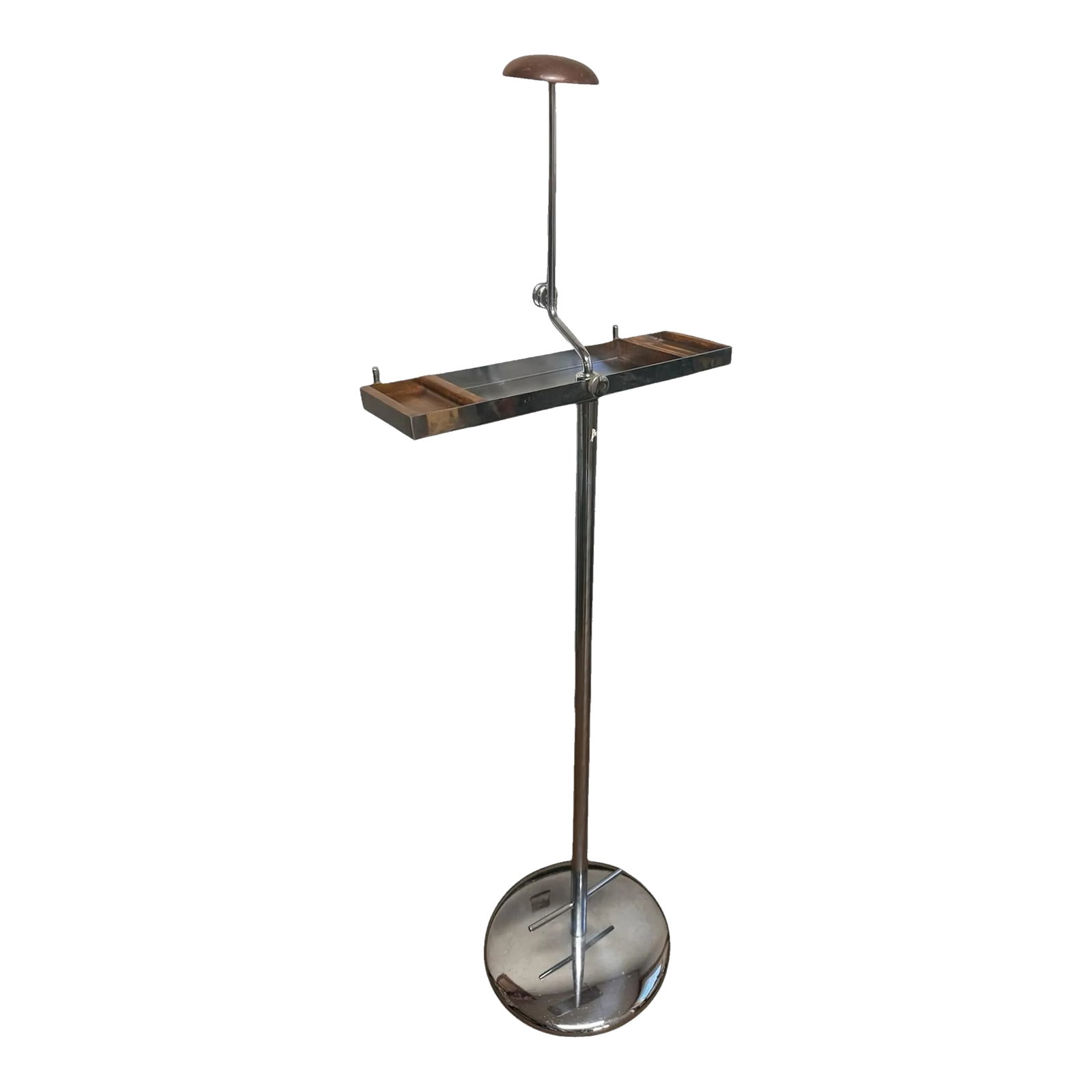 Vintage Chrome Butler Valet, Polished Steel Walnut Accents: Vintage Steel Wood, high quality butler valet. Fully adjustable to up to 72"- tray is 16" wide- Tray with wood accents wallet accessories holder- hooks under each wood accent, walnut hat topper