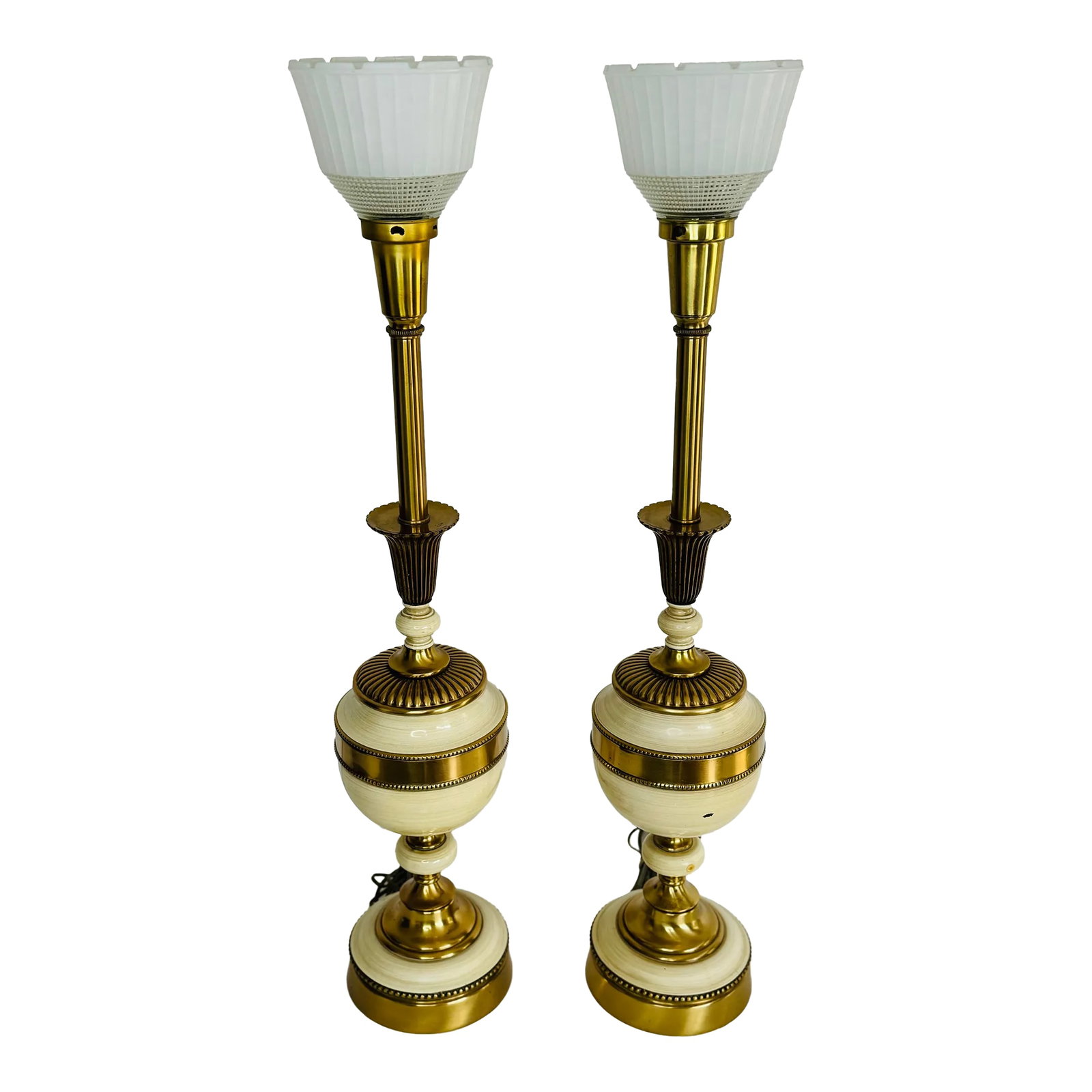 Vintage 1950s Hollywood Regency Style Brass & Ceramic Table Lamps, a Pair: Vintage 1950s Hollywood Regency Style Brass & Ceramic Table Lamps. Wired for the US and in working condition. Uses 100W max bulb. Built-in dimmer. Lamps are solid and heavy. Beautiful design with a be