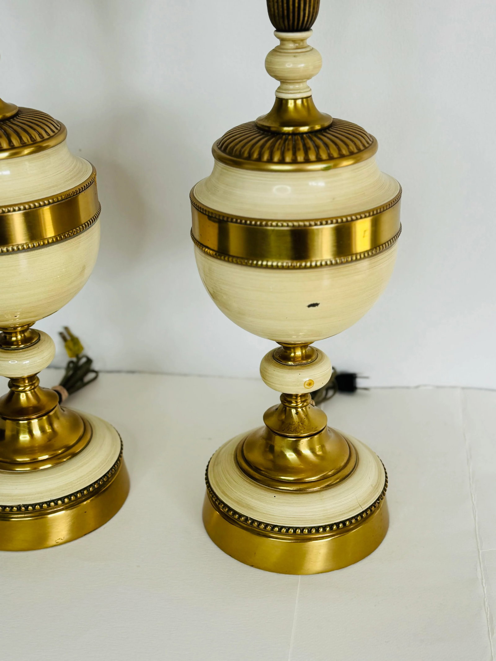 Vintage 1950s Hollywood Regency Style Brass & Ceramic Table Lamps, a Pair - 2