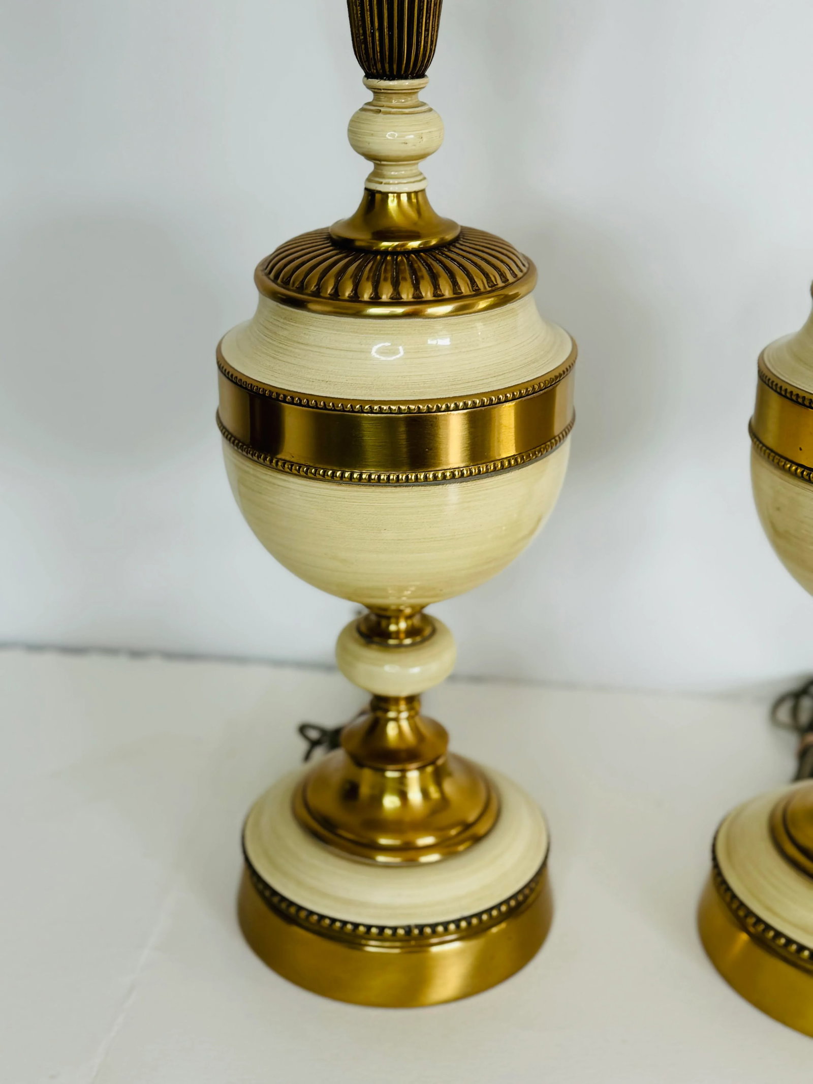 Vintage 1950s Hollywood Regency Style Brass & Ceramic Table Lamps, a Pair - 3