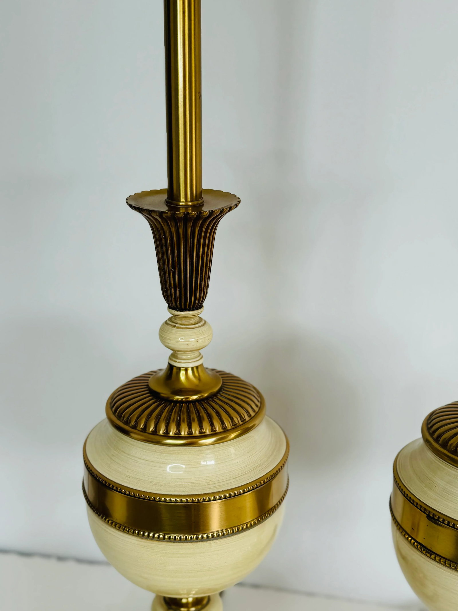 Vintage 1950s Hollywood Regency Style Brass & Ceramic Table Lamps, a Pair - 4