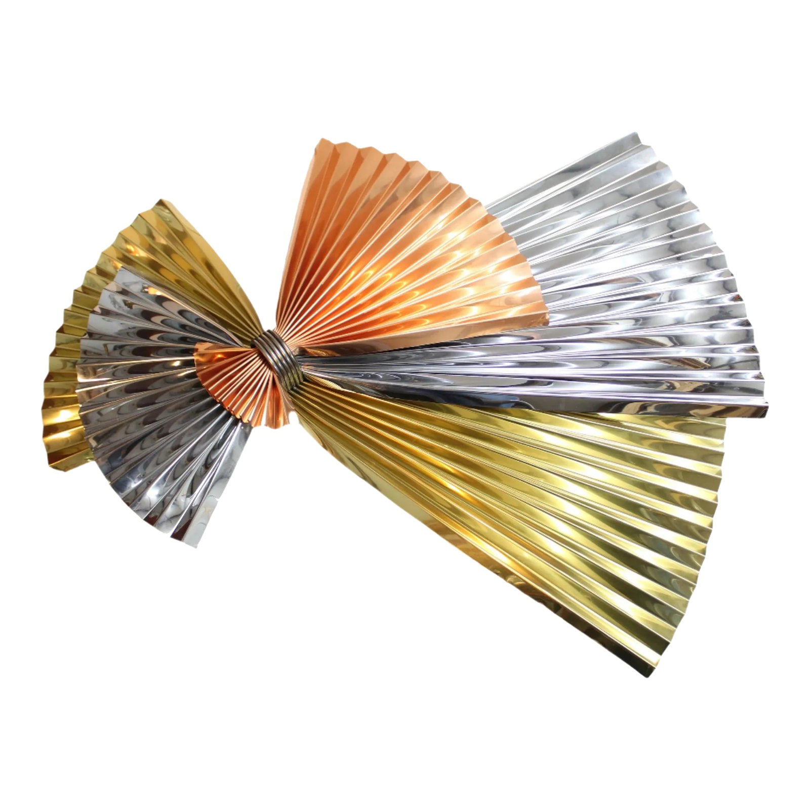 1980s Curtis Jere Brass Copper & Chrome Pinwheel Wall Sculpture Of: Jere Wall Sculpture has a unique pinwheel or fan design with three metals including copper, chrome, and brass. Colorful, striking and cheerful, this piece is signs and dated 1980, Condition: Very good