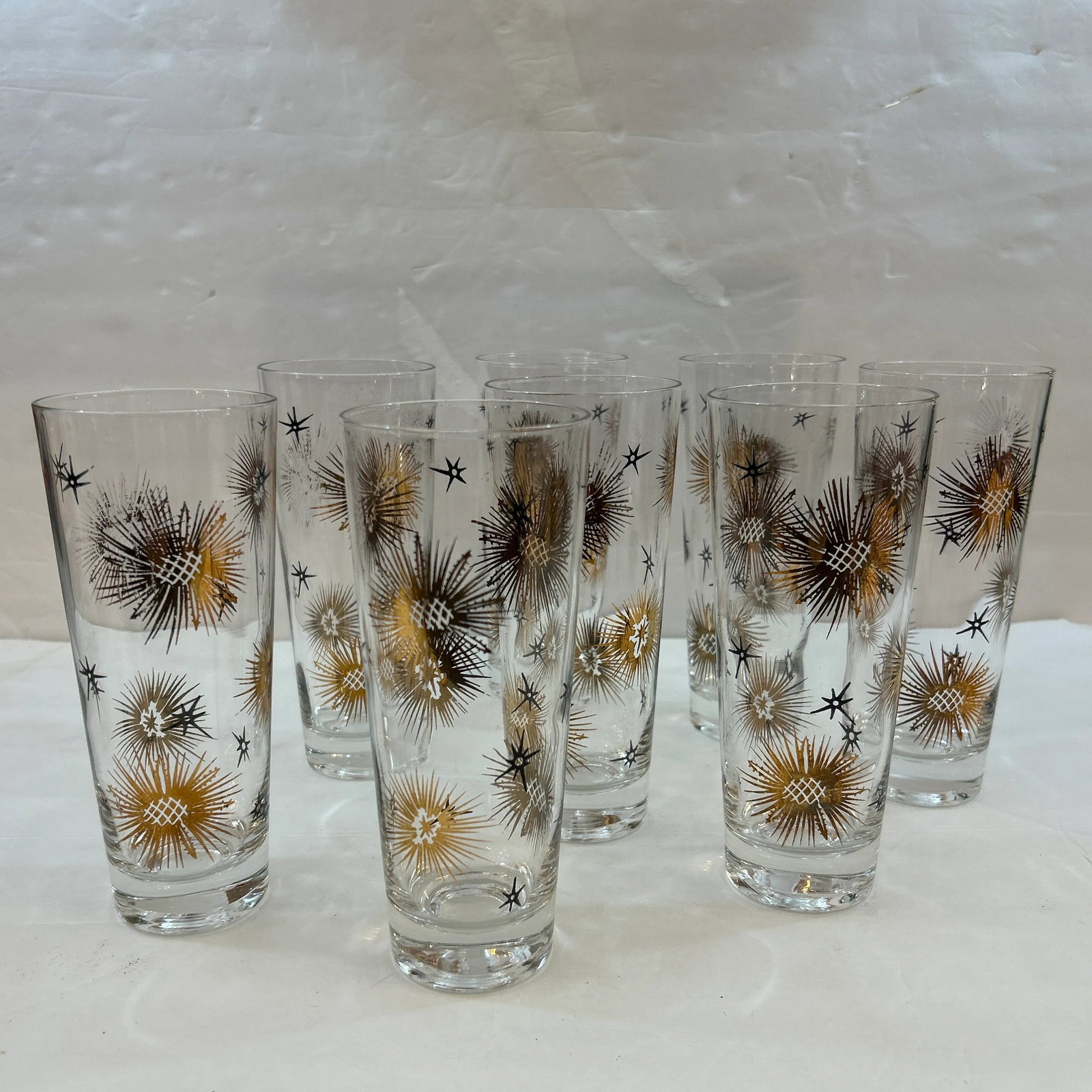 1950s Black and Gold Tapered Starburst Cocktail Drinking Glasses Set of 8 - 2