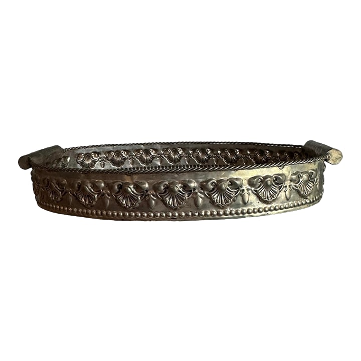Oversized 1960s Vintage Castilian Imports Deep Silver Tray: Beautifully crafted vintage brass serving tray with a golden patina and elegant silver etching. Features an overall floral and foliage design on a "caviar" textured background, with ornate gallery and