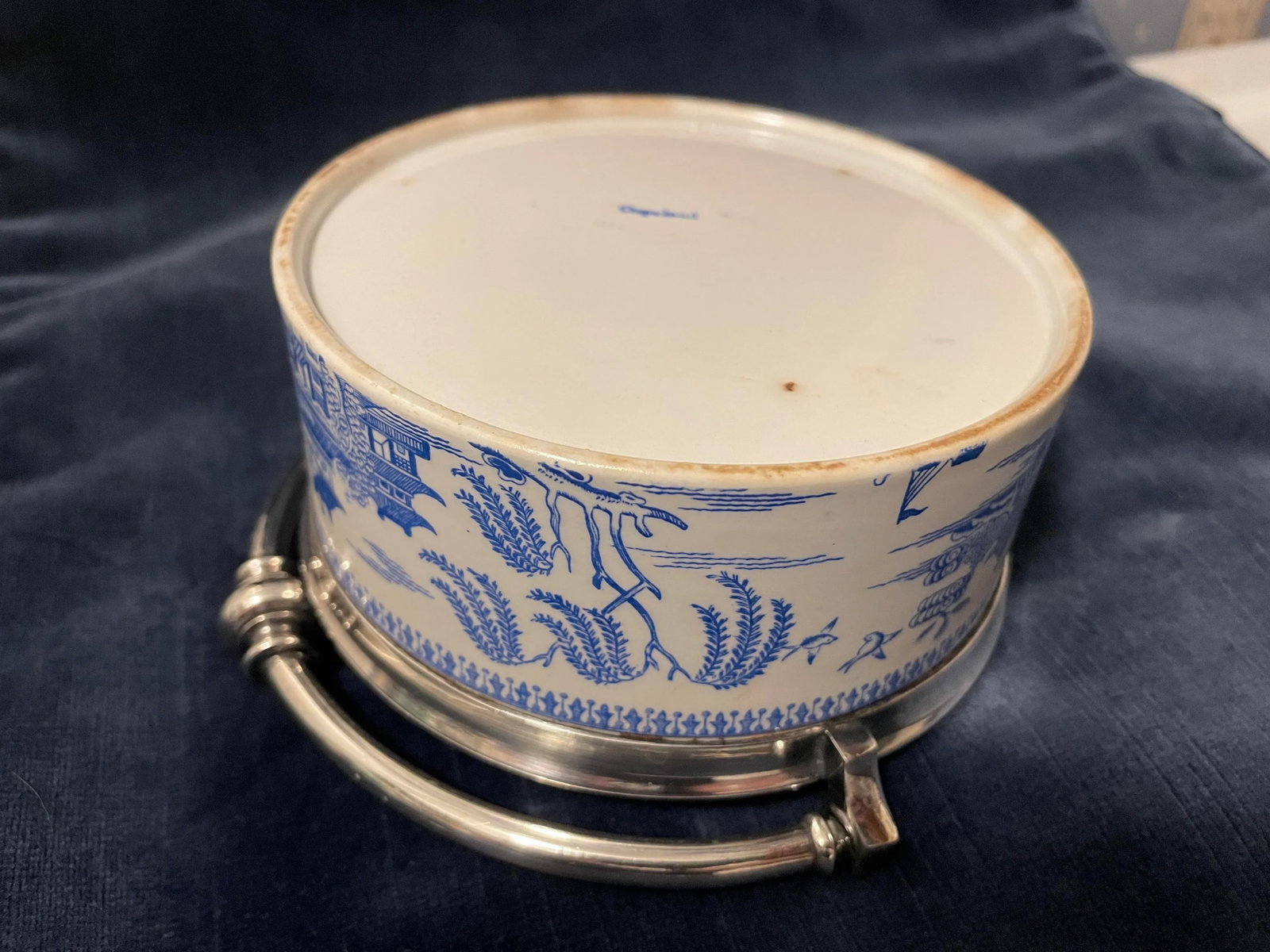 1895 Copeland Blue Willow Silverplated Porcelain Butter Lemon Covered Dish - 10