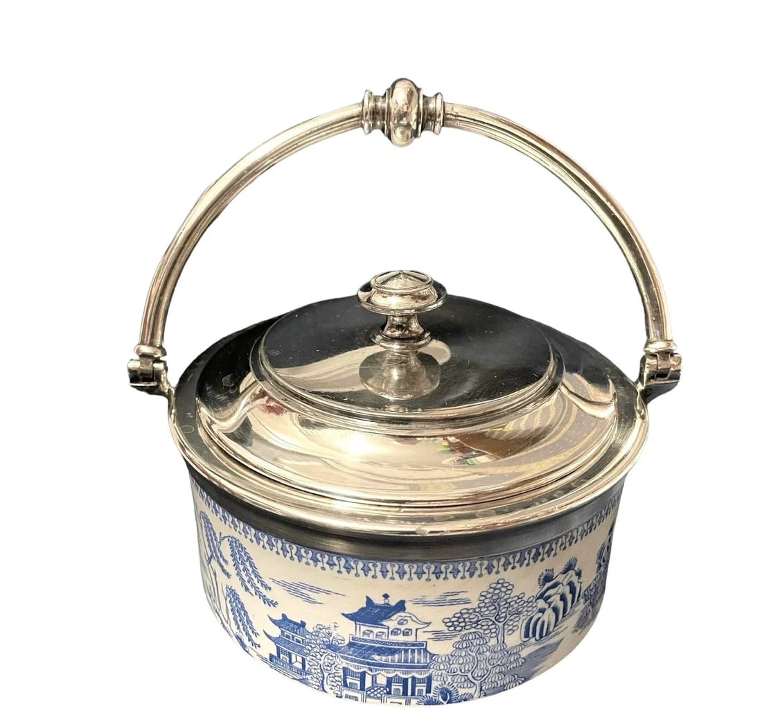 1895 Copeland Blue Willow Silverplated Porcelain Butter Lemon Covered Dish - 5