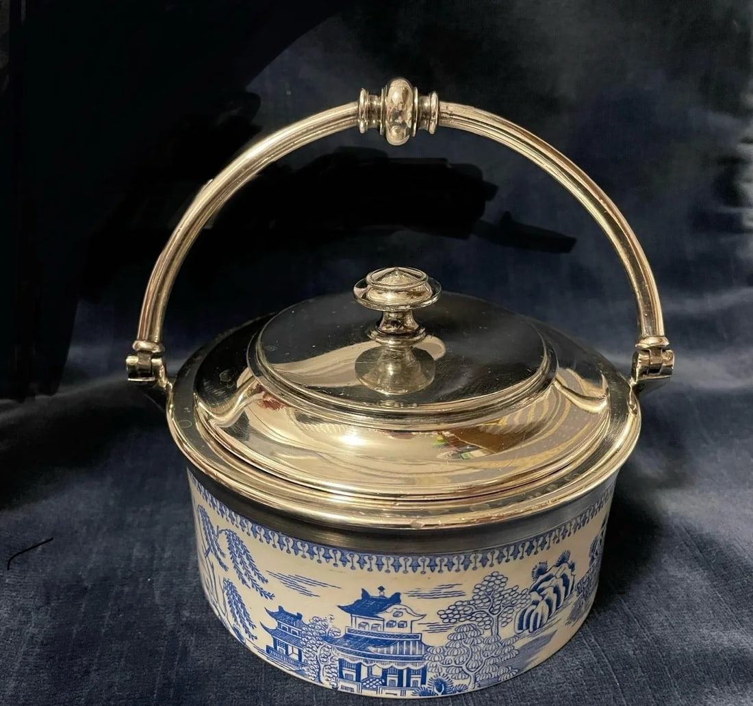 1895 Copeland Blue Willow Silverplated Porcelain Butter Lemon Covered Dish - 7