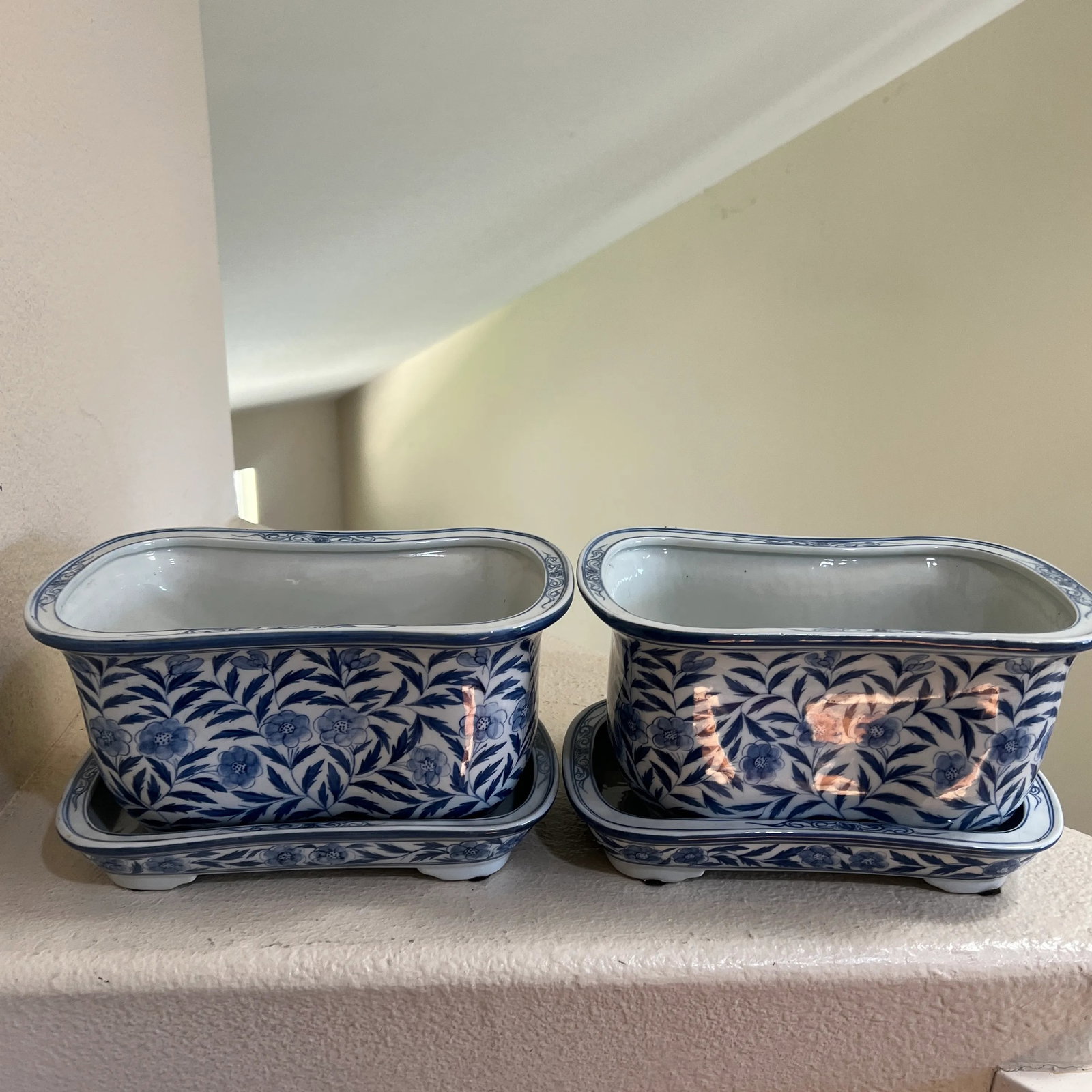 Vintage Hand Painted Blue & White Footed Planters with Under Trays - Set of 2 - 10