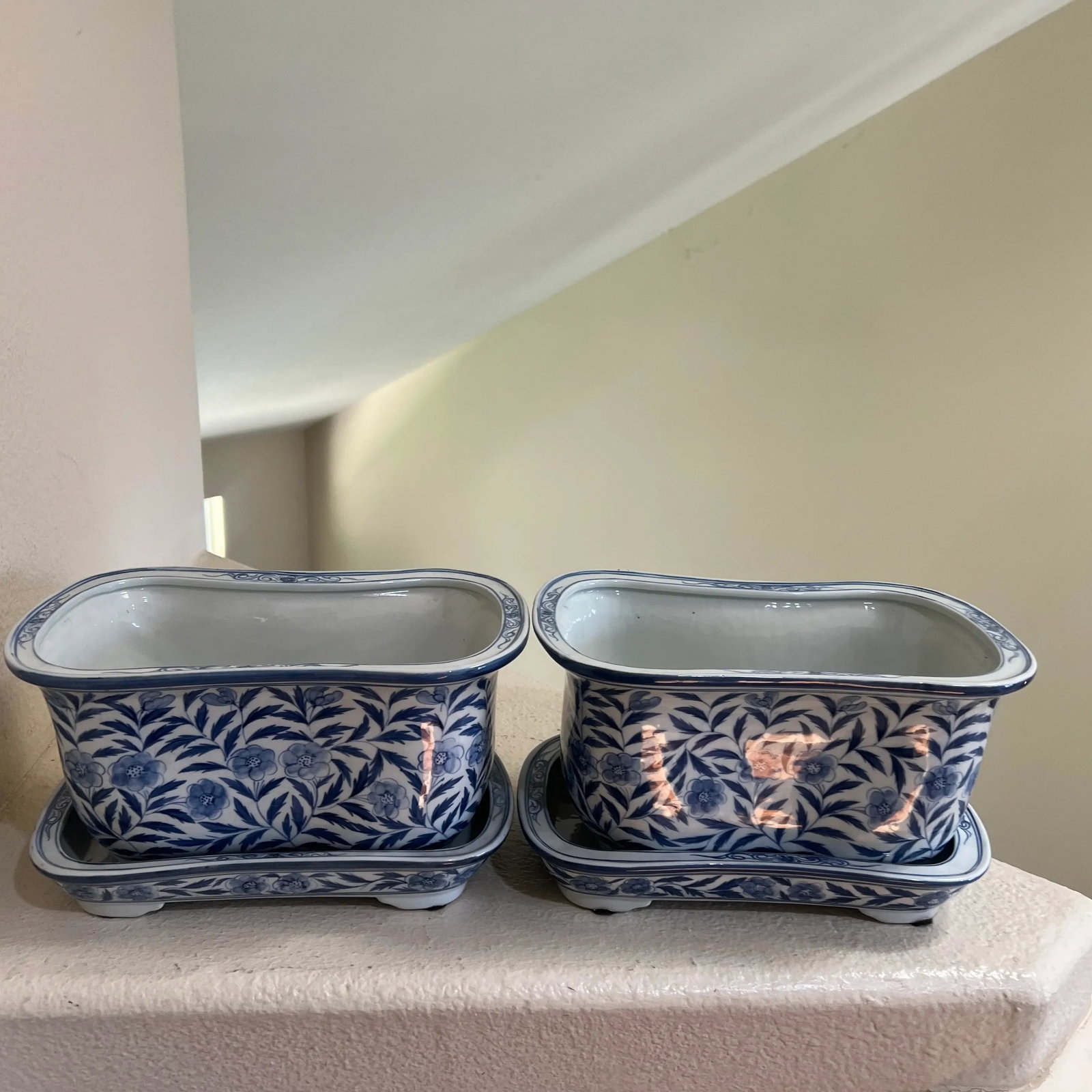 Vintage Hand Painted Blue & White Footed Planters with Under Trays - Set of 2 - 11