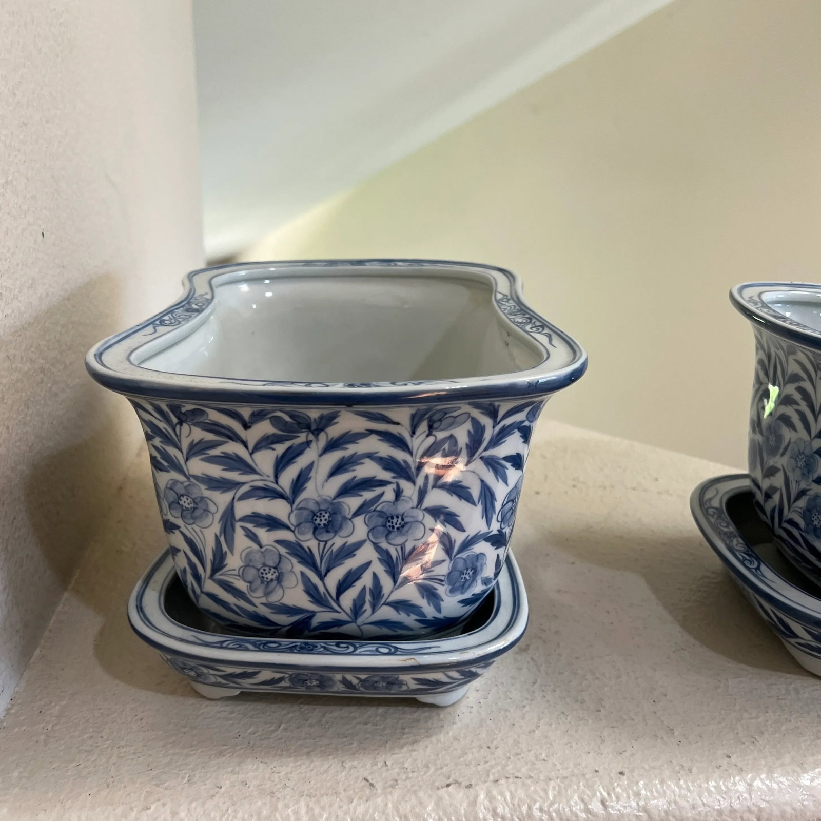 Vintage Hand Painted Blue & White Footed Planters with Under Trays - Set of 2 - 12