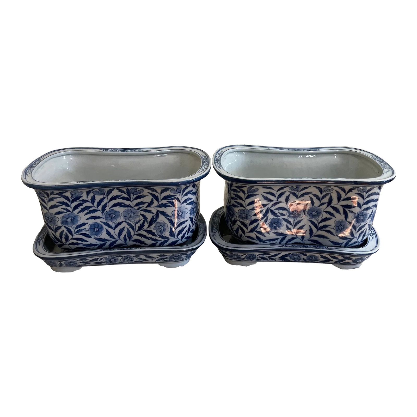 Vintage Hand Painted Blue & White Footed Planters with Under Trays - Set of 2: Two VINTAGE HAND PAINTED BLUE & WHITE FOOTED PLANTER / UNDER TRAY. In a very well maintained and loved condition. Such a beautiful pieces Condition: Alterations: Original Condition Unaltered Imperfect