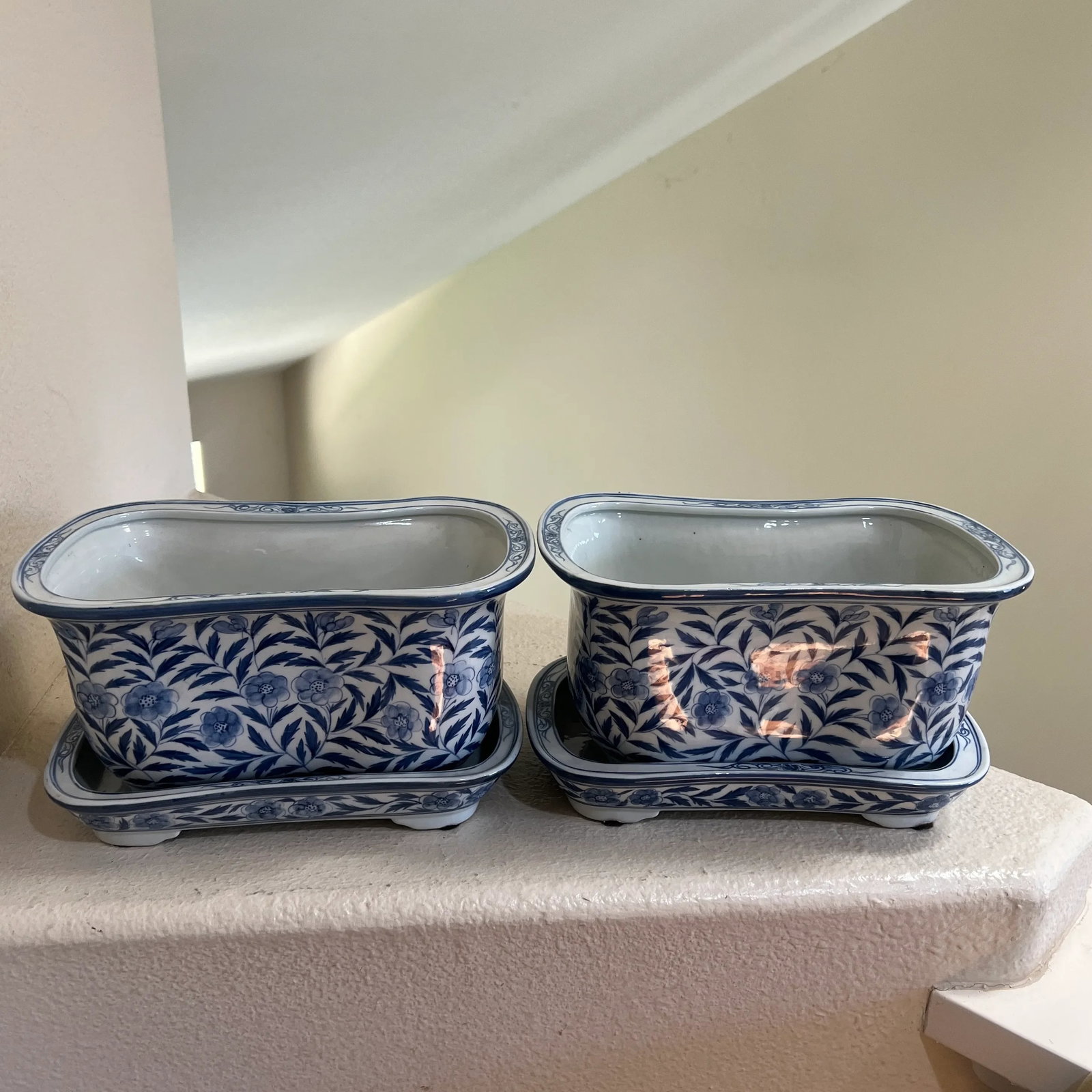Vintage Hand Painted Blue & White Footed Planters with Under Trays - Set of 2 - 2