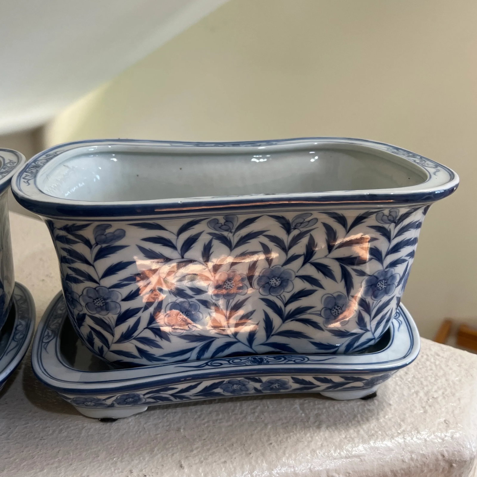 Vintage Hand Painted Blue & White Footed Planters with Under Trays - Set of 2 - 3