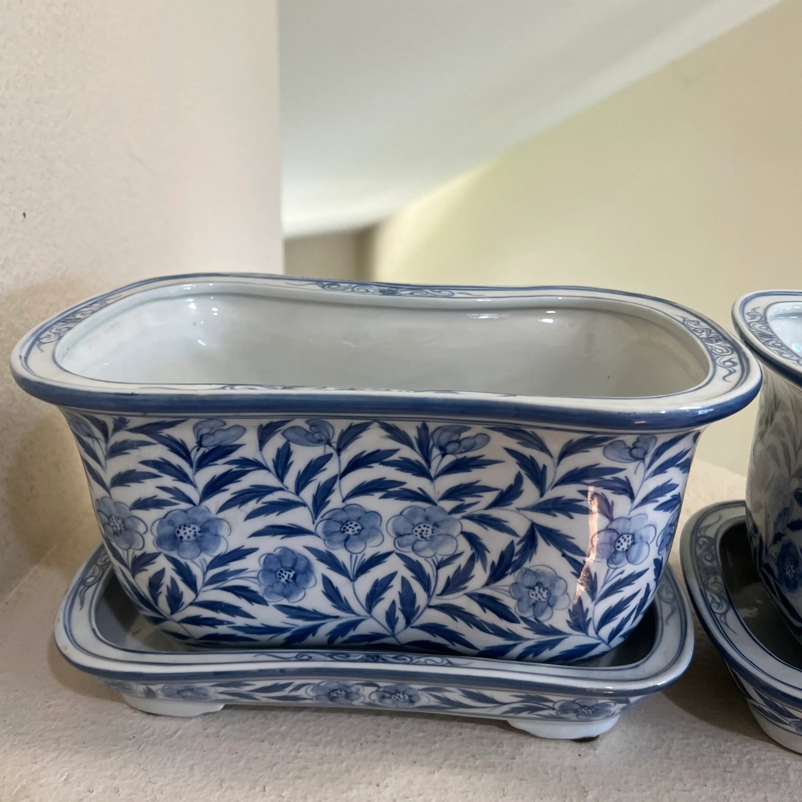Vintage Hand Painted Blue & White Footed Planters with Under Trays - Set of 2 - 4