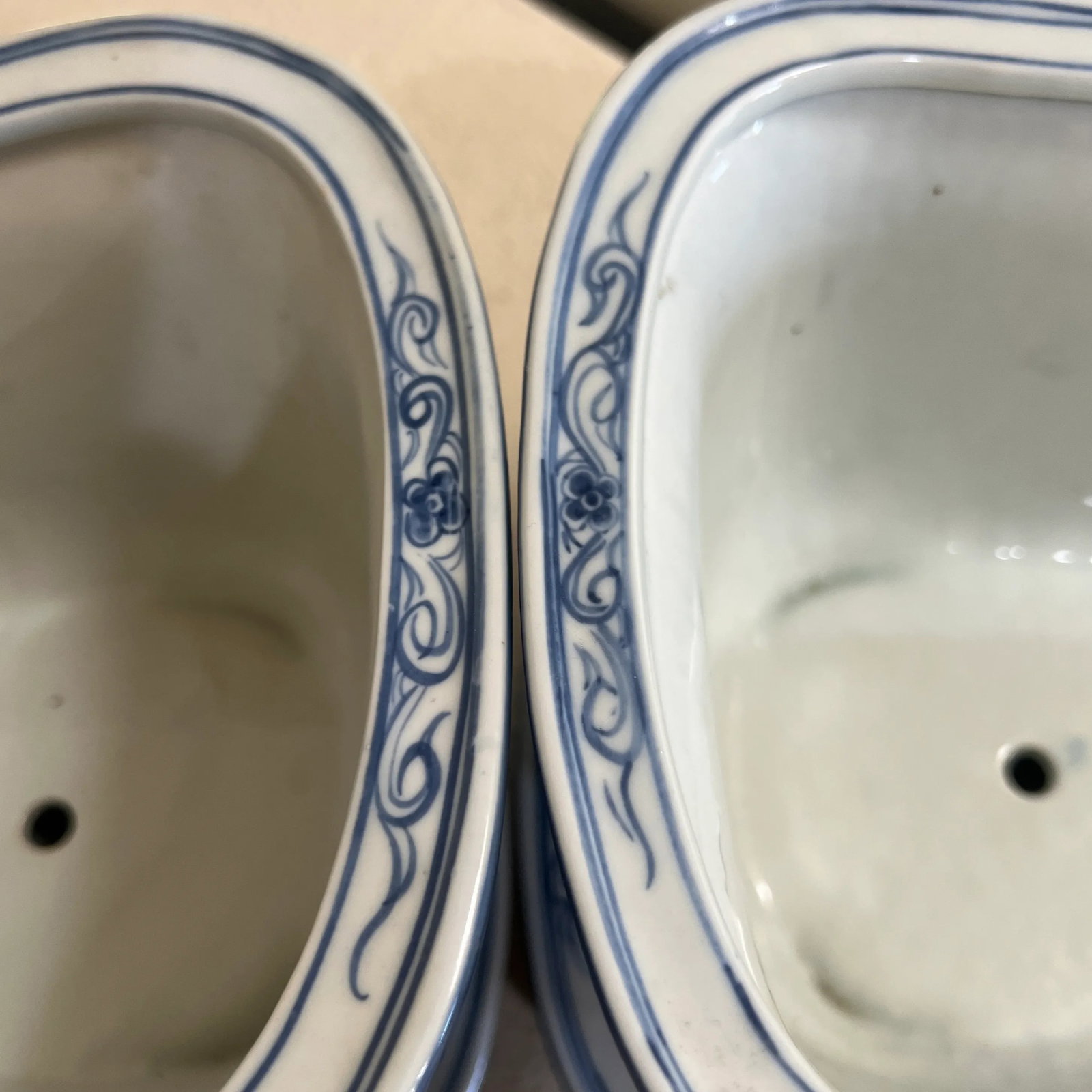Vintage Hand Painted Blue & White Footed Planters with Under Trays - Set of 2 - 5