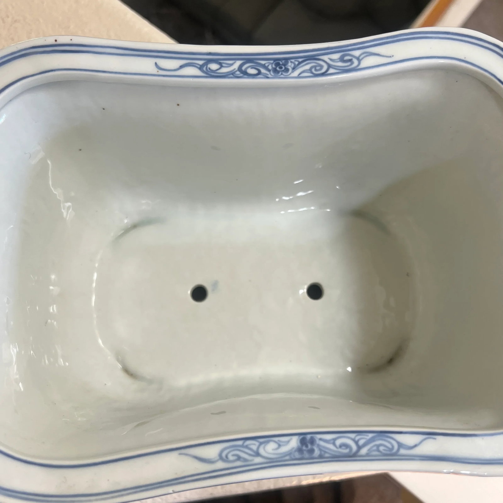 Vintage Hand Painted Blue & White Footed Planters with Under Trays - Set of 2 - 6
