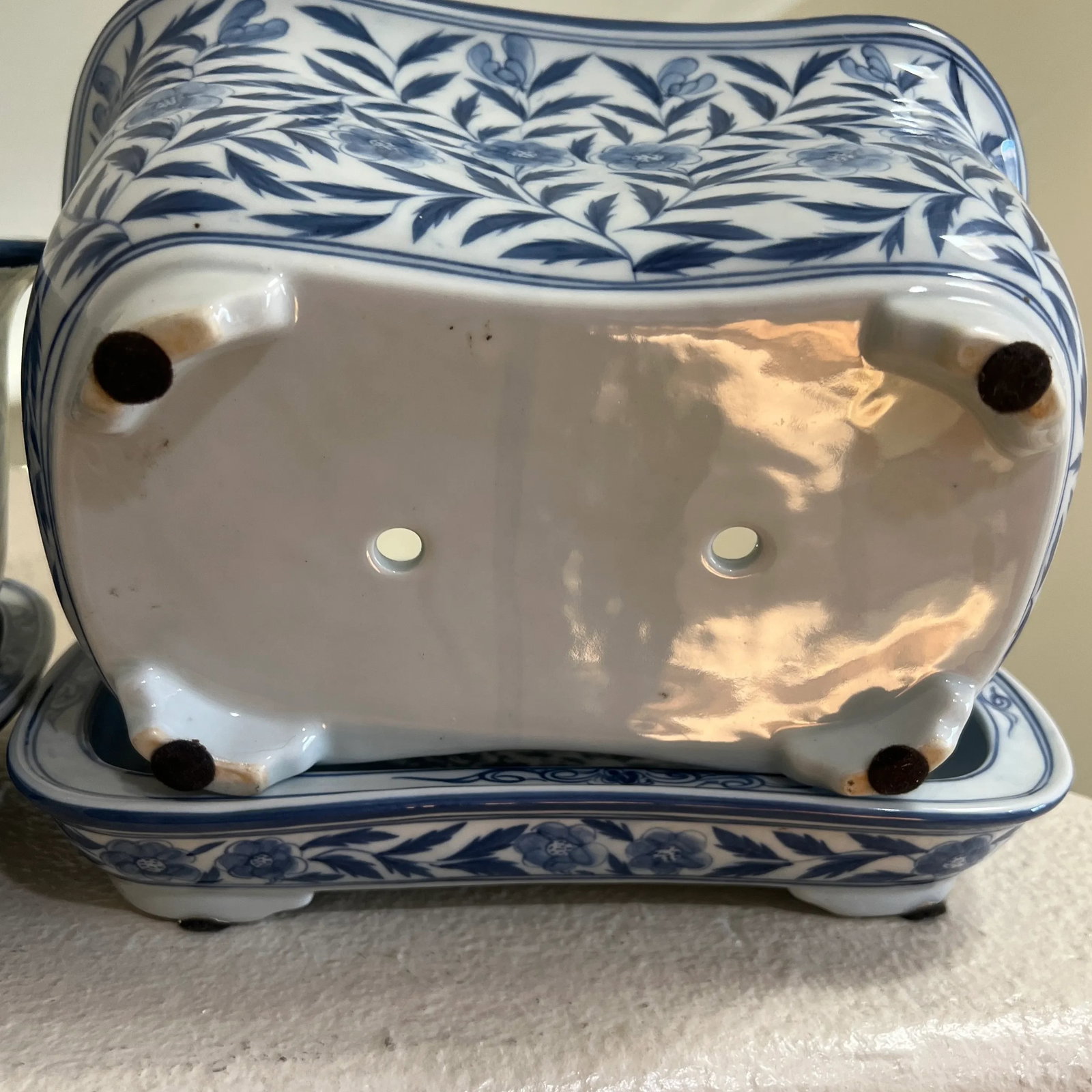 Vintage Hand Painted Blue & White Footed Planters with Under Trays - Set of 2 - 7
