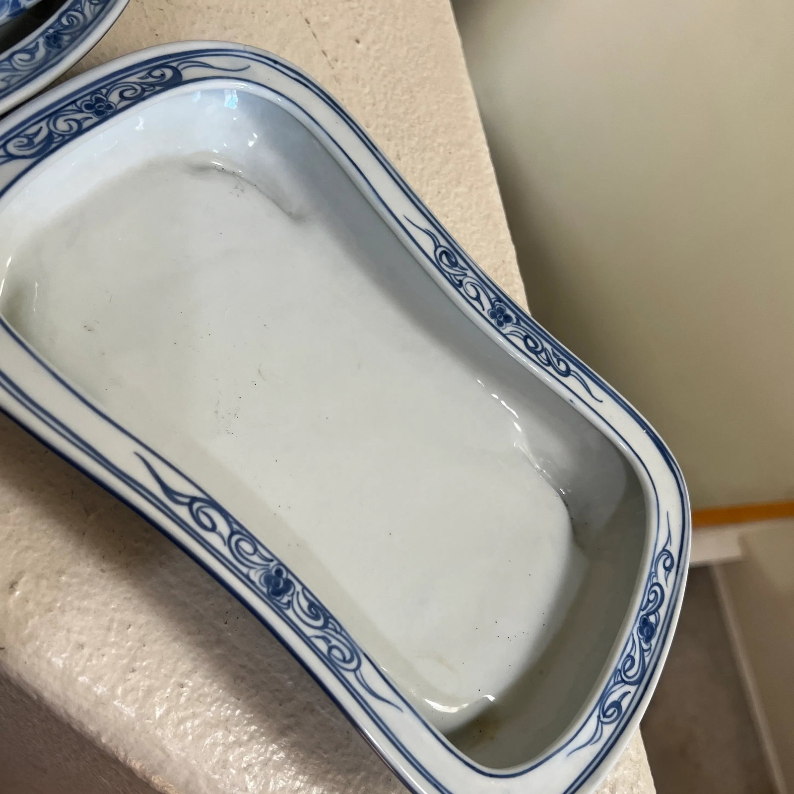 Vintage Hand Painted Blue & White Footed Planters with Under Trays - Set of 2 - 9