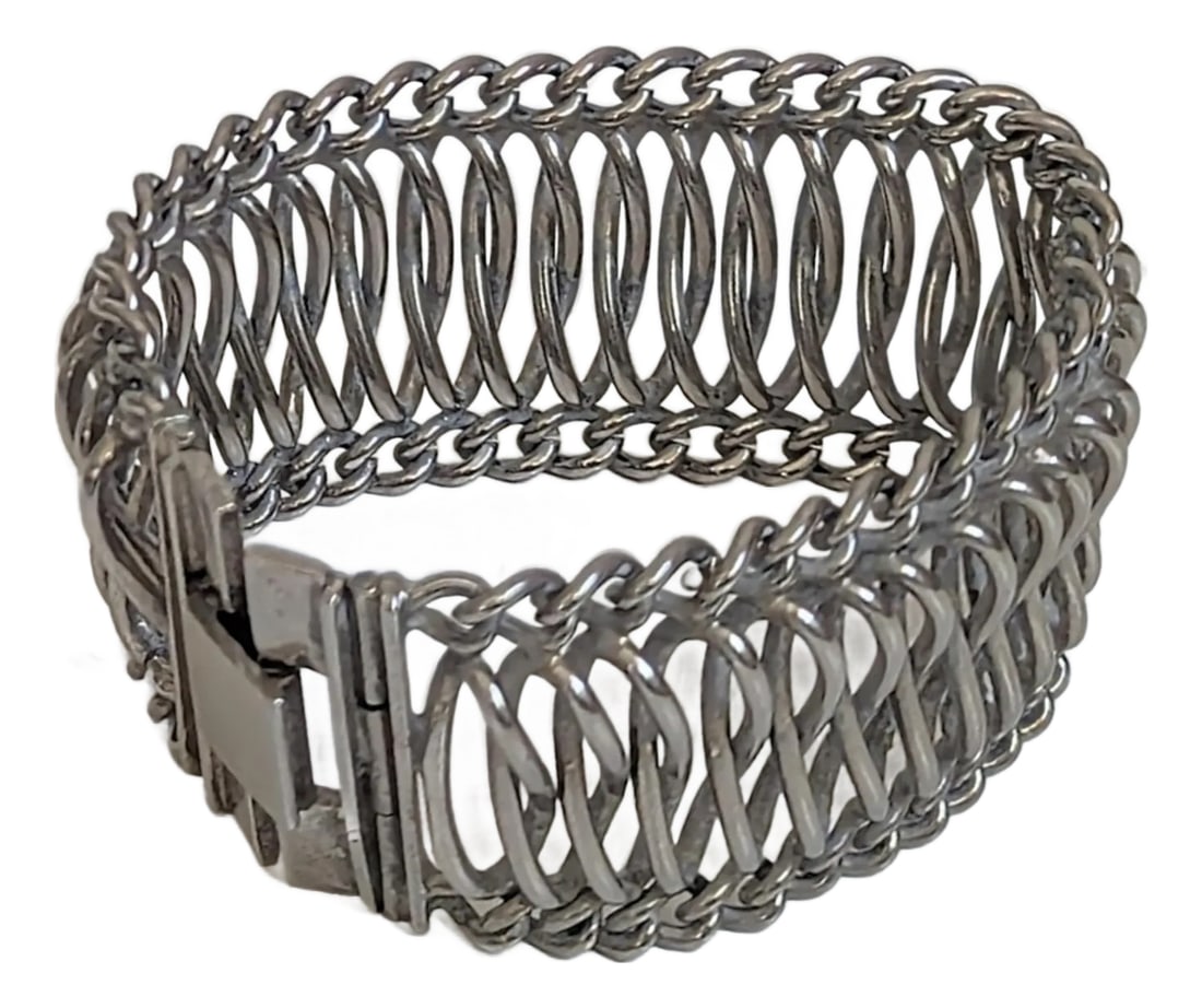 Wide Modernist Woven Silver Cuff Bracelet, Mid-Century (1 of 4)