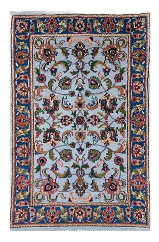 1990s Handwoven Indian Agra Area Rug 2x3: Exact Size: 1'11" x 3'0" Color: Blue Age: New Materials: Wool Construction: Hand Knotted Origin: India Condition: Imperfections: No Imperfections Condition Notes: Excellent condition, never used