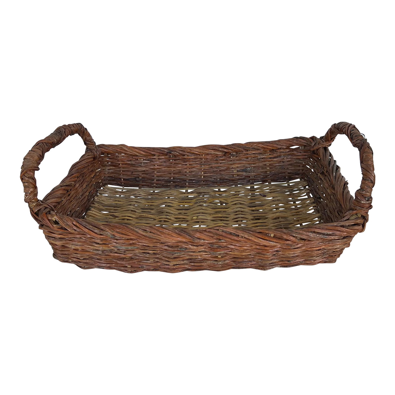 Mid 20th Century Vintage Tray Style Basket With Handles: Vintage basket tray. Great for carrying, storing items or for decoration. Measuring 12" x18" with 2 side handles. The basket is 3.5" deep with 3" high handles on the sides. Condition: Alterations: Ori
