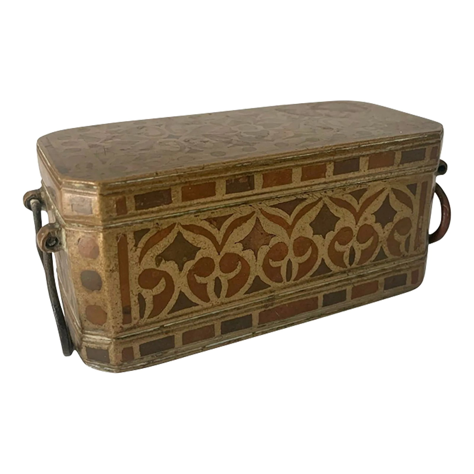 19th Century Bronze Inlay Betel Nut Box: This cast bronze box with Islamic inlaid designs is likely from Mindanao in the Philippines. These ornate boxes hold the ingredients for the betel nut "quid" which was once a large part of ceremonial
