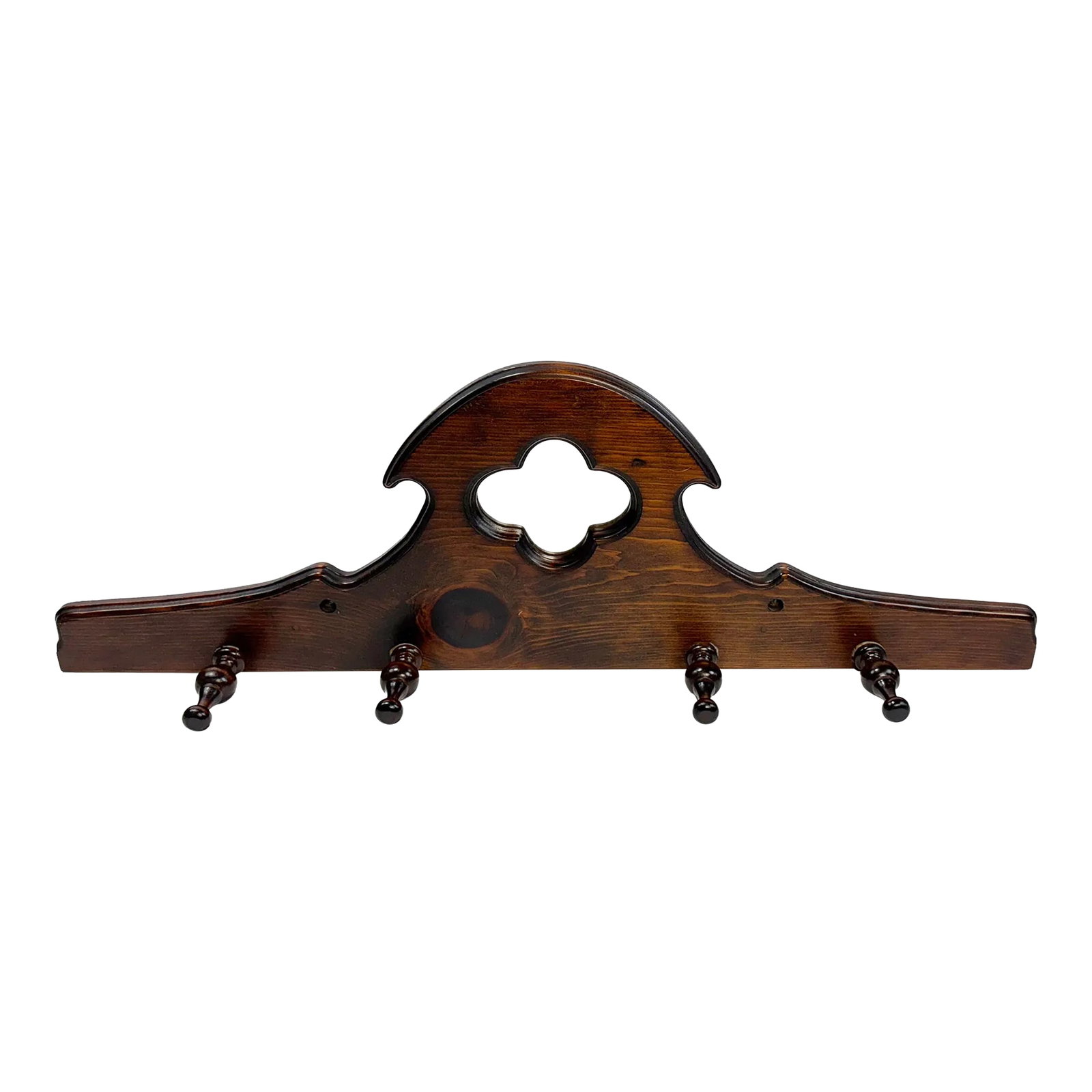 Vintage Colonial Style Pine Wood Wall Coat Hook: Vintage Colonial style wood wall hook. Has a mirror to center and four (4) individual knobs for either coats or hats. Rich, deep stain to wood. Wood plugs for two screw entry points. Sturdy constructi